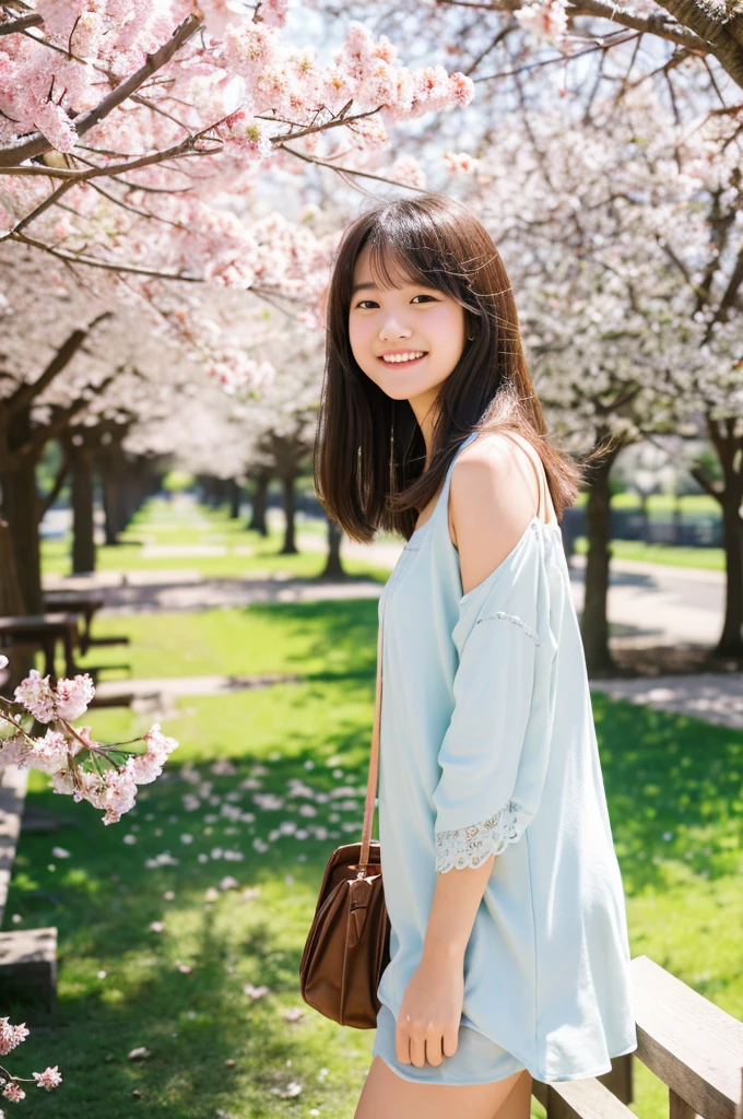 masutepiece, Best Quality, Illustration, Ultra-detailed, finely detail, hight resolution, 8K Wallpaper, Perfect dynamic composition, Beautiful detailed eyes, Natural Lip,a beauty girl、In the bright and refreshing spring sunshine、Imagine a female college student walking around campus.。.。.。、She is full naked.。the hair flutters with the wind、People around you smile々He is depicted having a conversation with.。The cherry blossoms on campus are in full bloom、Green tree on background々々々There is a bench where students can gather...。.。Her figure is、Expressing the image of a typical female college student enjoying learning and free time.。.。