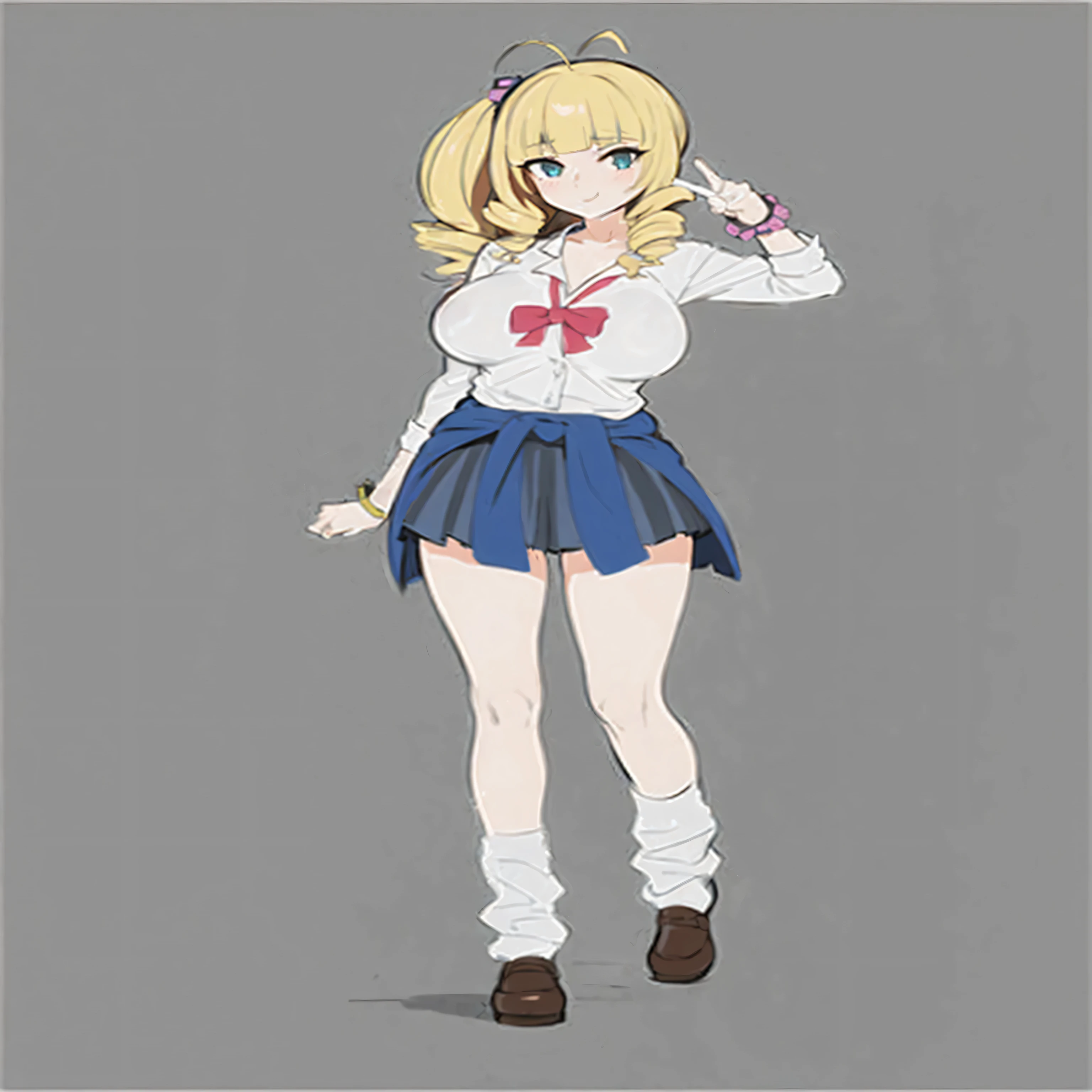 1girl,Huge breasts,thick thighs, wide hips, blonde hair, blunt bangs, (twin drills:1.2), , blue blazer,gray skirt,black thighhighs,
huge ass,seductive smile, skindentation, drill hair, contrapposto, standing,ojou-sama pose,hand on own hip, full body, loafers,