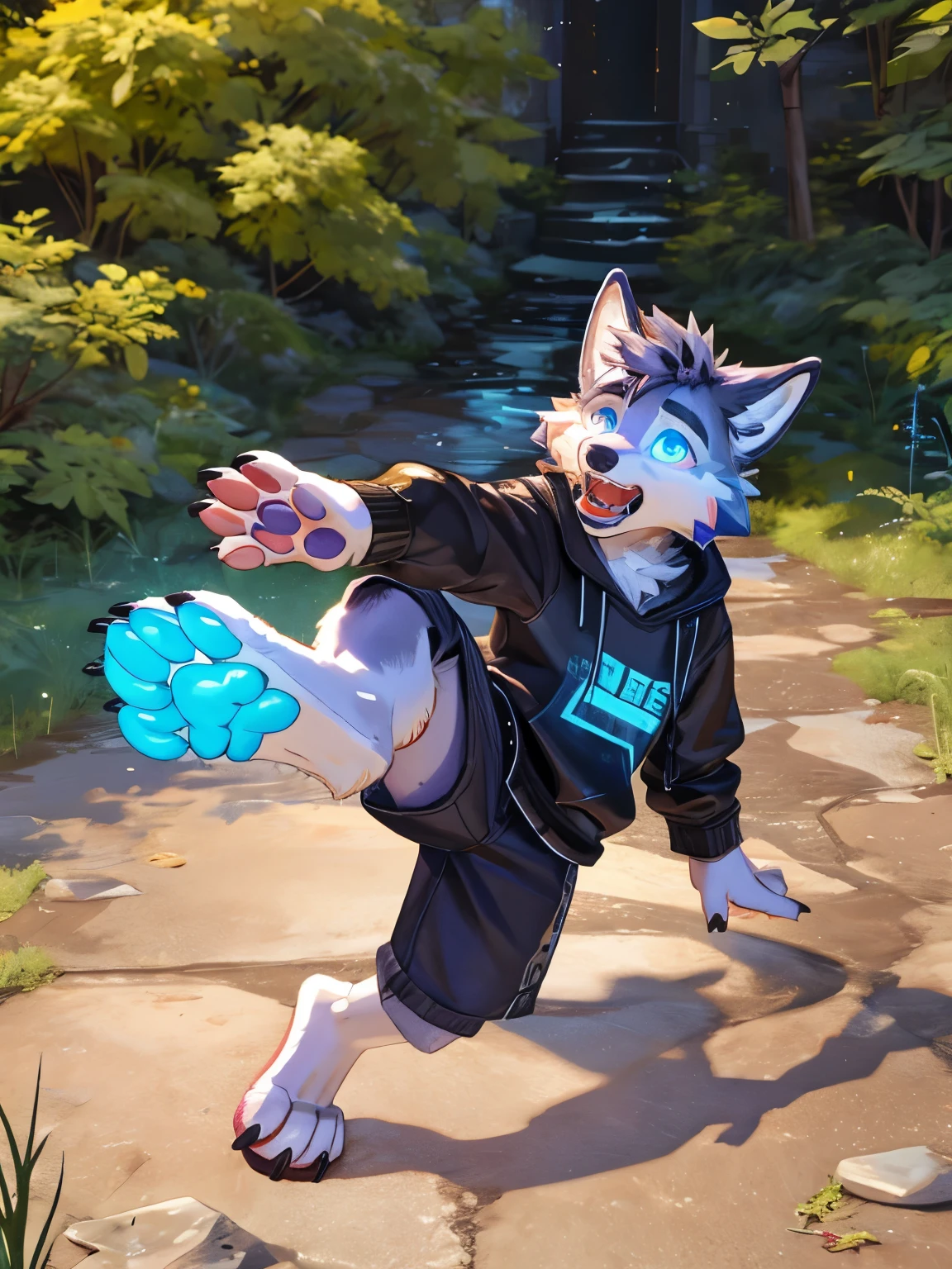 two barefoot teen wolfs, teen clothes, showing the viewer their outstretched legs and pretty feet paws with pawpad and small claws. hypnotised, wide open mouth, drooling, blue glow in eyes