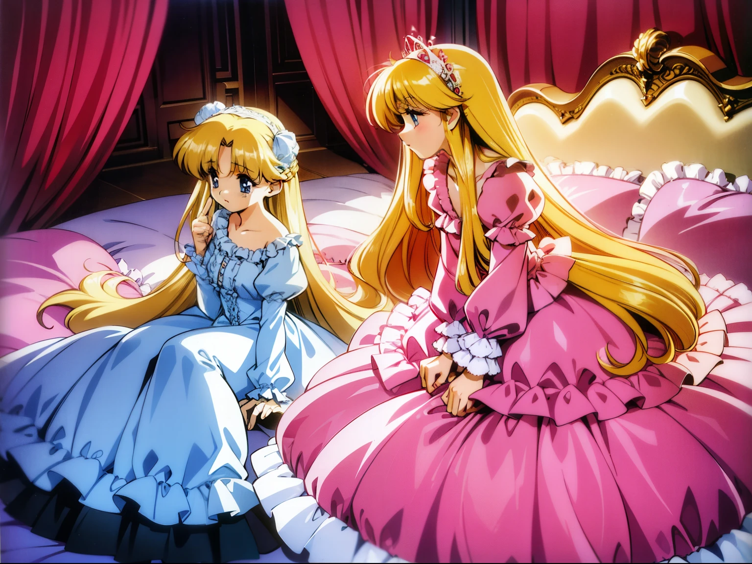 ,highest quality, masterpiece, highest resolution, artwork,1990s style anime illustration,((10 year old little girls)),Super detailed baby face,both are princesses,detailed luxury tiara,Full length ball gown dress with hoop skirt,ruffle yoke collar,Detailed braided ribbon at chest,puff sleeves,long sleeve,((lolita style hot pink princess satin dress、Comes with lots of frills and ribbons。)),shiny silk satin dress,soft and smooth silk satin fabric,luxury,Very long blonde hair,blue eyes,white skin european,pajamas,((inside the palace)),Princess dancing happily,gorgeous flowing dress,fine white frills and lace,Super long hair that is as tall as your body,white long socks,drawers with lots of frills,castle bedroom at night,Super long flowing hair,on the bed,Luxurious canopy on the bed,Huge, spacious bed,Pink pillow with lots of frills,Silk satin pink curtains with luxurious ruffles and ribbons surround the bed,princess sitting on bed,Pillows piled up behind the princess,A princess leaning on a pile of pillows,Long hair scattered like a fan on the bed,(((Both legs are completely hidden inside the dress))),