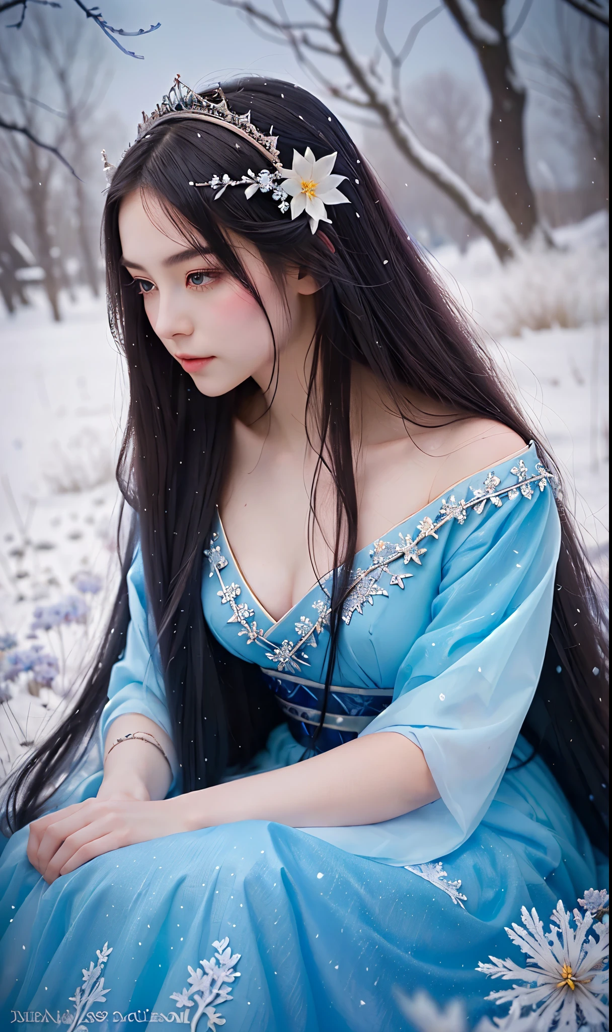 a woman in a blue dress is sitting in a field, delicate androgynous princesses, ((a beautiful fantasy empress)), princesses , a girl in hanfu, beautiful androgynous prince, in the art style of bowater, with frozen flowers around her, anime girl with long hair.