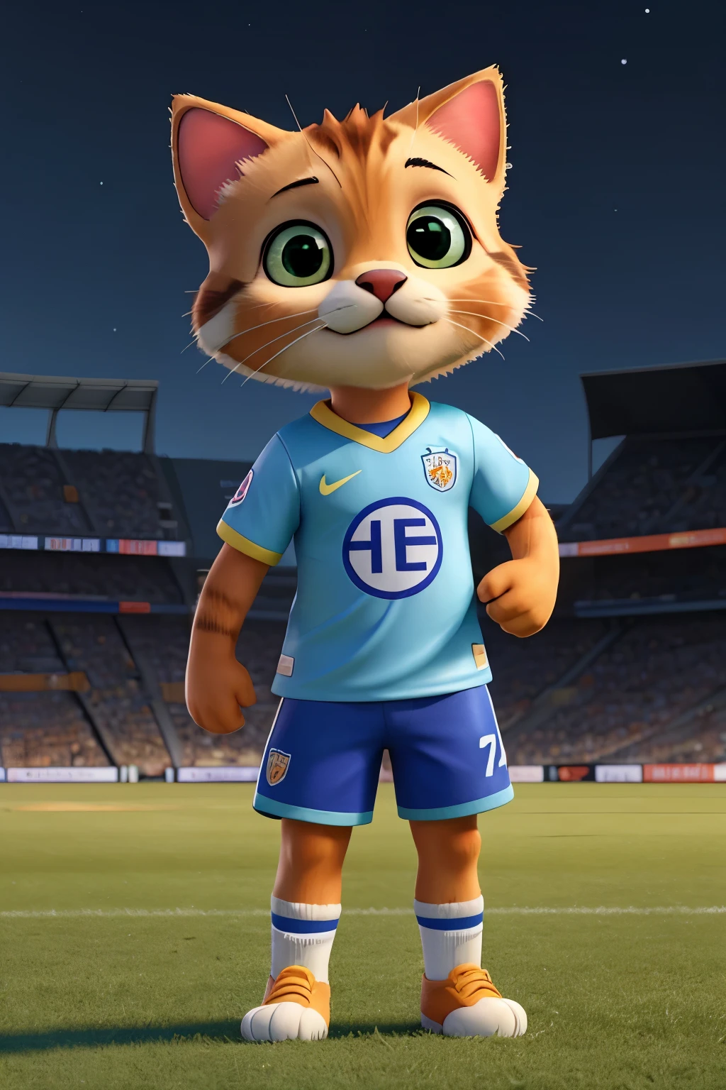Em 2024, A high-definition digital artwork shows an adorable kitten celebrating the spectacle of a football match. A cena se passa em um campo de futebol, with the red and yellow night sky on the horizon, sinalizando o fim do dia. O gatinho, vestido com uma camiseta do time favorito, jump with emotion, with paws dancing in the grass. As bordas da camiseta refletem na bolsa de ar de uma bolinha de futebol