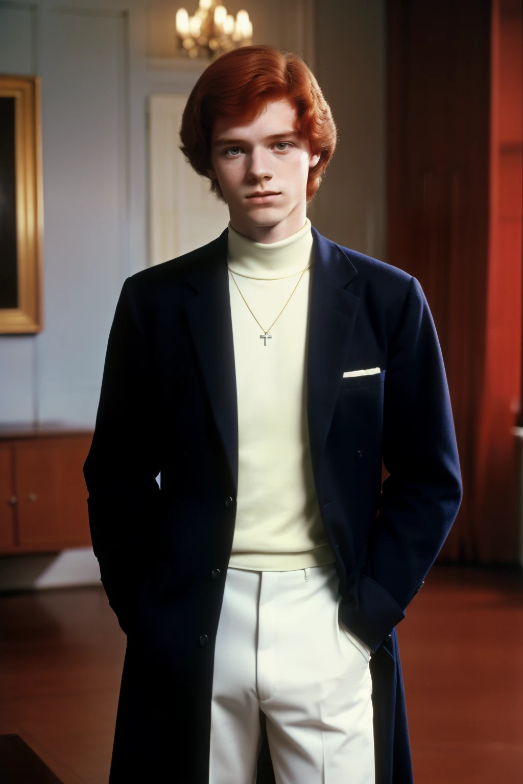 Hampden College, 1982, dark academia. A young ((((19-year-old)) Francis Abernathy)), very pale, serious, in the college comon room, ((((clothings from the 1980s)))), ((redhead hairstyle of the 1980s)), ((colorful, Monet))