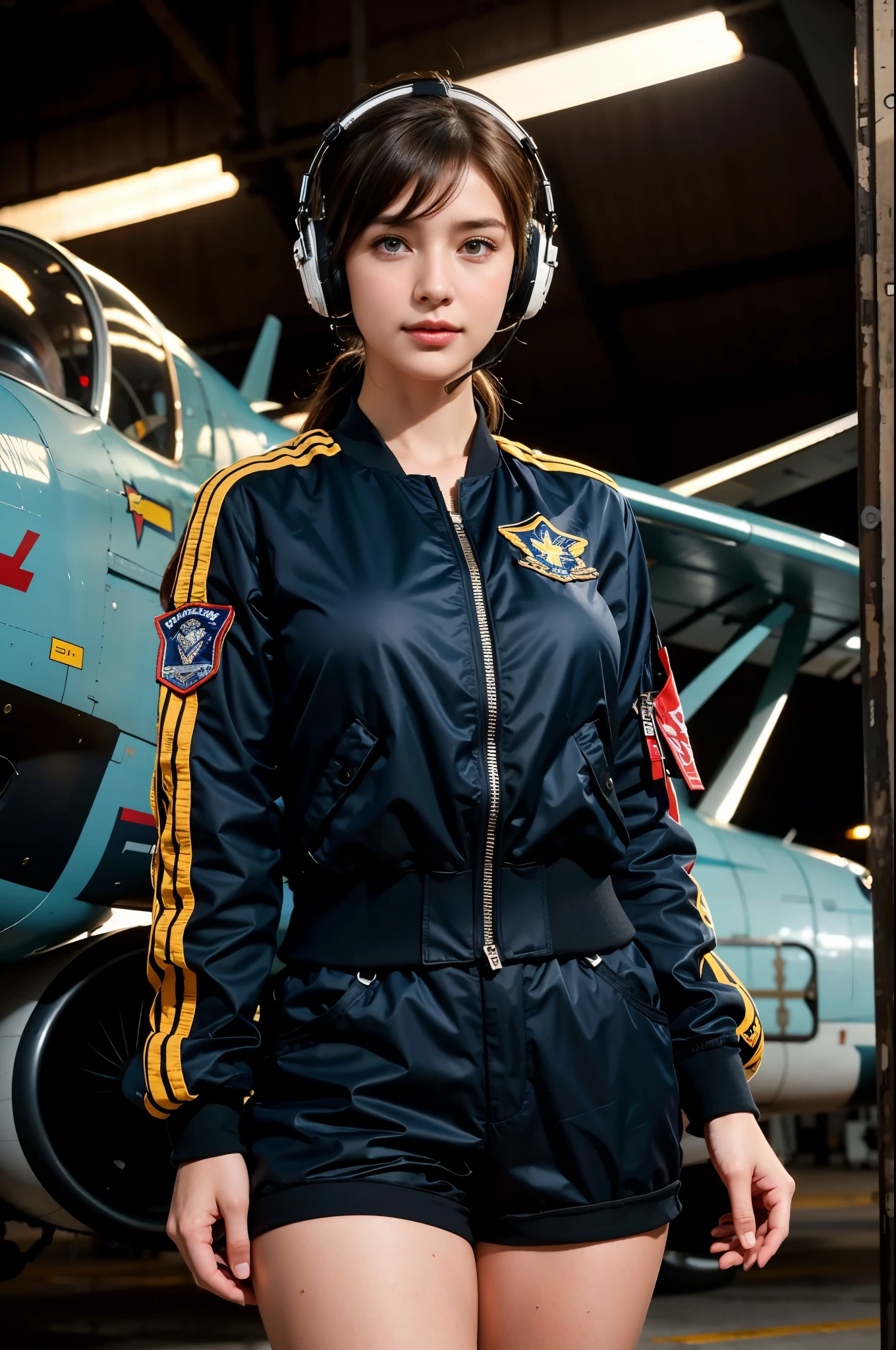 Best quality, ((insanely Realistic RAW photo)), professional photograph, intricate composition, an extremely delicate and beautiful, ultra high res, professional natural lighting and shading, ((Realistic image of a extremely pretty female Aircraft mechanic, solo)), Inside a spacious Aircraft hangar, Vintage airplanes of the World War II era line the background, (Wearing a MA-1 Flight Jacket), (Wearing a headset), (wearing short pants), faint smile, She does aircraft maintenance, very professional mechanic, ((extremely beautifully detailed eyes and face)), ((insanely beautiful natural skin texture)), (Accurate eyes), Accurate hands, Well-balanced overall body