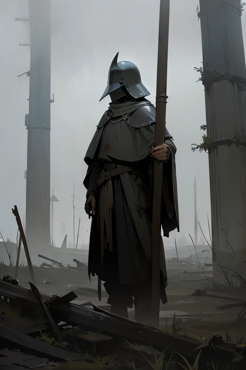 A dark and misty scene, with a medieval templar knight helmet impaled on a solitary wooden stake in the middle of an abandoned battlefield. With a mysterious and melancholic atmosphere. The helmet appears old and worn, with details indicating its use in past battles. In the background, the sky is covered with dark clouds and the mist envelops the scene, adding a sense of desolation.