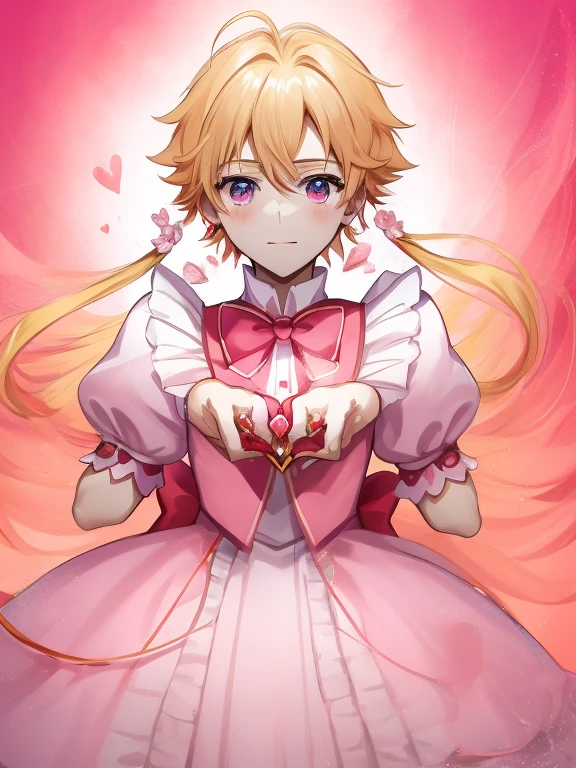 Anime boy in red dress with pink bow and pink heart, Portrait of a magical boy, Prince in anime, Magical Boy Anime Mahou Shōnen, Blonde long twin-tailed hair man, Candy Boy, Magical Boy, Dress Up Darling Anime, white glove, Magical Boy Style, Cool, marin kitagawa fanart, official artwork