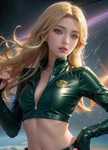 A beautiful blonde European with green eyes wearing a tight-fighting low-cut green sentai space uniform,  baremidriff, partially unzipped uniform, hint of nipple, symmetrical eyes