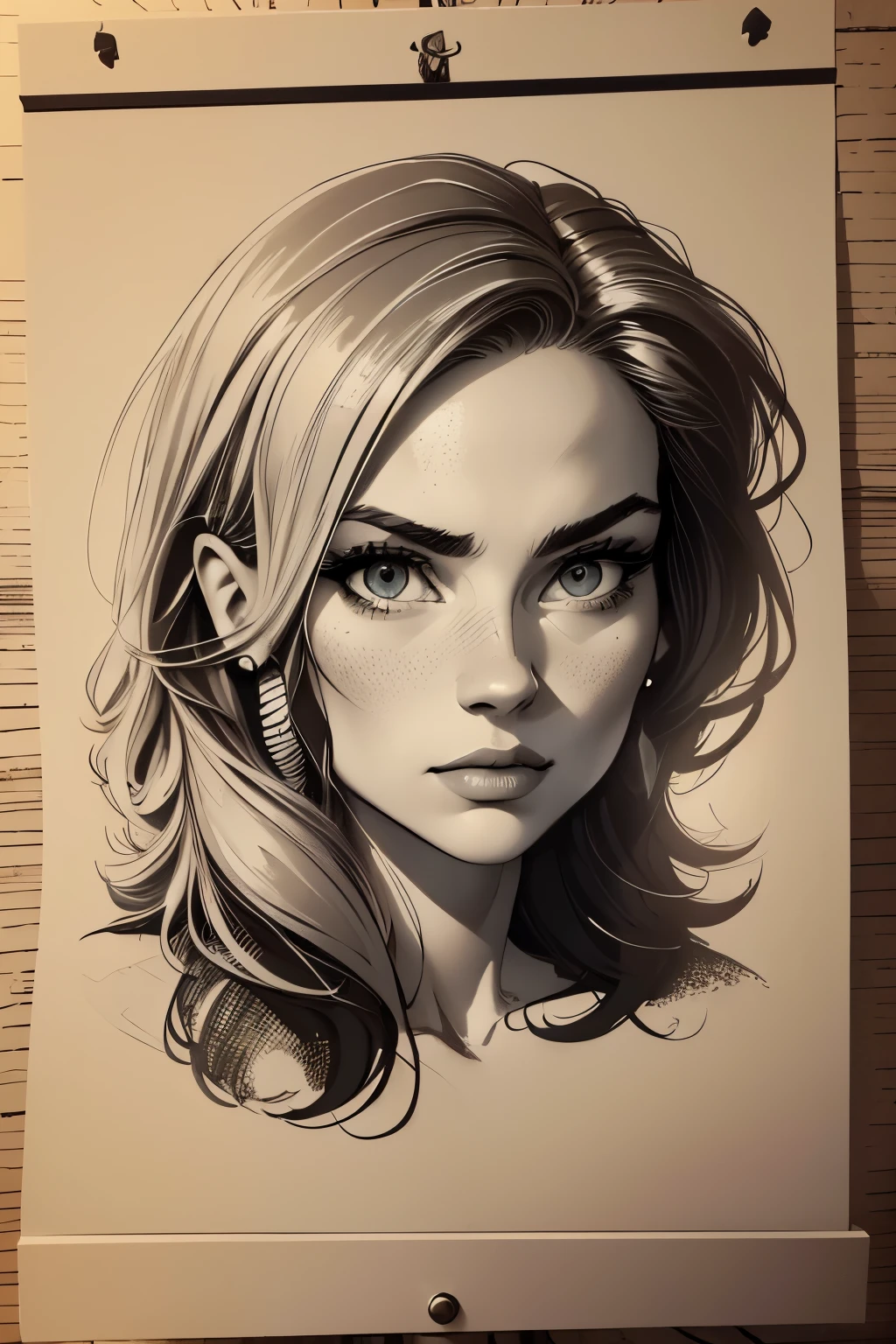 A girl in a mugshot, sketch, black and white, cute, detailed features, vintage style, high contrast lighting, expressive eyes, tousled hair. (best quality, highres, realistic:1.37), vintage, monochrome, intense gaze, dramatic lighting, rugged background, distressed paper texture, retro vibes, id photo, front view