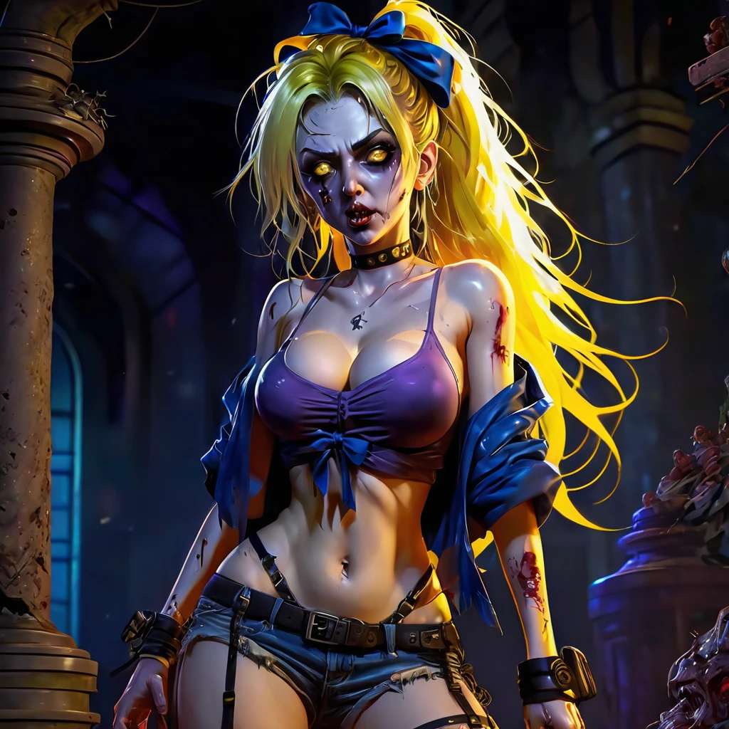(finely detailed beautiful eyes and detailed zombie face,masterpiece sidelighting,masterpiece,best quality,detailed,high resolution illustration),, (topless zombie girl,whole body,sundress,lustrous skin,looking down,looking at viewer),, (yellow hair,blue eyes,ribbon, sheer clothes), (clothed_underbust:1.2),underboob