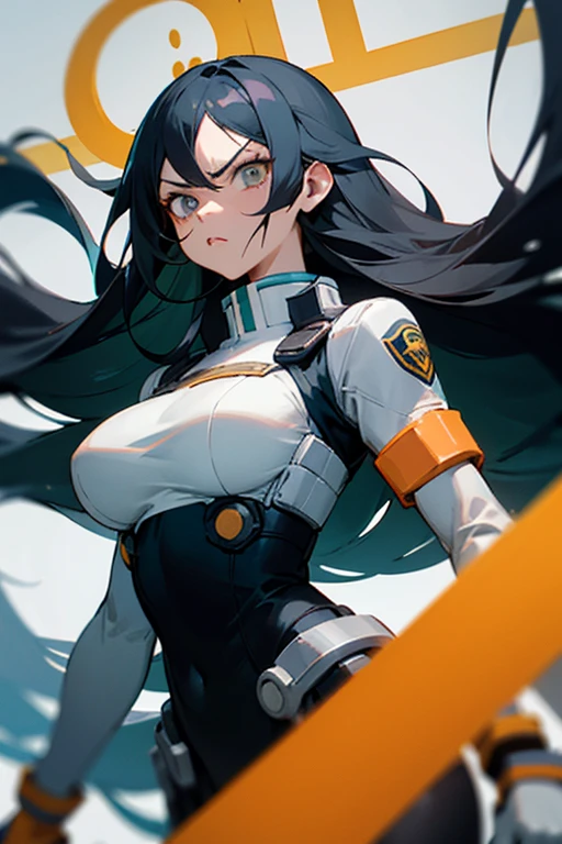 captura de pantalla de boku no hero anime, White teenage girl with super long black hair with big gray eyes, a medium-sized mouth, a round face with big breasts, and an angry expression., tiene un uniforme de porrista naranja y verde y en la parte de arriba unas letras que digan UA con blanco