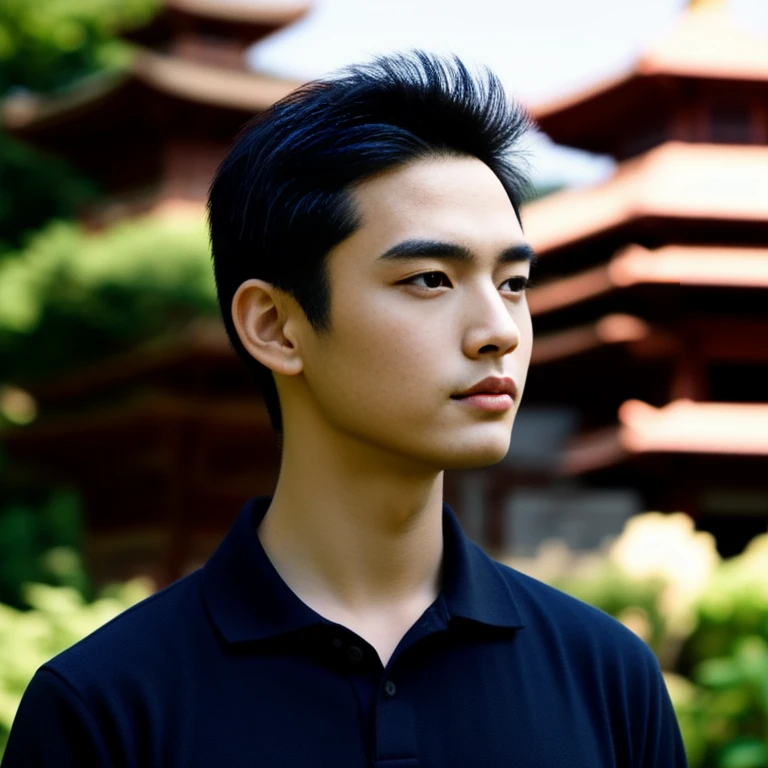 arafed man in black shirt standing in front of a pagoda, wearing a polo shirt, Asian man, light stubble with black shirt สวมชุดทางการสีดำ, Damian Tran, wearing black, Handsome Chad Chin, black shirt, Asian people, Christopher Chao, A well-maintained model, Inspired by David Diao, Profile picture, Southeast Asians with round faces
