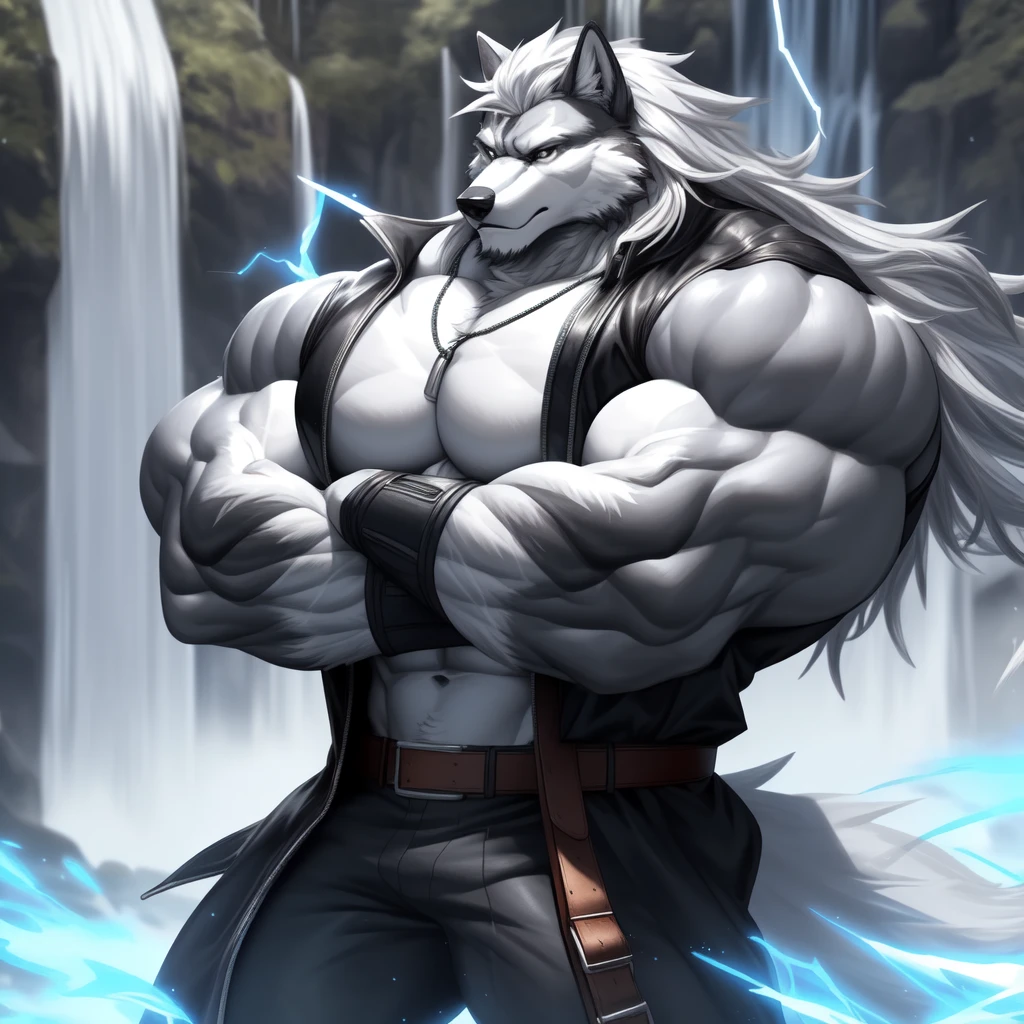 (upload on e621) (Masterpiece) (by Drks) (best quality) (ultra high res) 4K (8k HD) 2D (perfect anatomy) (digital art) (official art) (extreme detailed) (ultra detailed) (strapsanime) color (soft shading) (sharp focus) (waterfall background) 1man silver body fur silver belly detailed fluffy fur (ultra detailed face) high detailed eyes high detailed iris eyes high detailed silver eyes (white sclera) black pupils big navel abs bare pectoral (((huge black shiny nipples))) black claw nails furry wolf male mature male silver giant bulky muscular body fur giant size canid (((huge muscles))) (((hyper muscles))) huge pecs (((oversize pecs))) huge biceps (((giant biceps))) (((fullbody))) canine canis mammal powerful wolf god wolf male calm cool collected demeanor face badass wolf anthro solo standing (((wearing silver full complete sleeveless long trench coat jacket))) (((silver longest flowing length hair))) (((best longest silver hair))) (((silver longest flowing length back fur hair))) (((silver longest flowing length hair fur front lay on pecs))) (((perfect fingers))) (((five fingers))) silver hands and fingers (((wearing silver fingerless gloves))) (((silver arm bands on his biceps))) (((three silver arm bands on his forearms))) (((dark black huge bead necklaces))) (((dark black huge longer bead necklaces around neck to pecs))) (((silver long wolf tail))) (((black long pants with silver lines with belt straps on both legs))) (((silver electricity and silver surge aura flow entire body))) (((blue silver aura around his body))) (((crossed arm pose)))