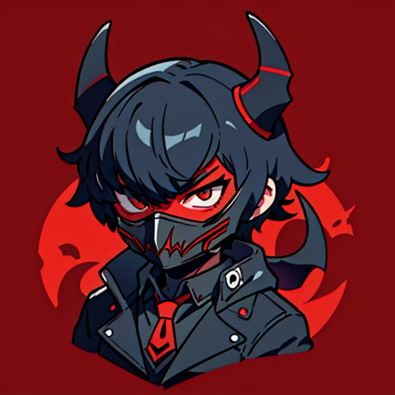 Cool guy covering his face with a fierce hornless dragon mask　The main colors are red and black, and the background is cool space. 　alone　Persona５For reference, only the Joker&#39;s outfit　Show your whole body right down to your feet　Wear cool headphones around your neck　Also gives off an aura　Dragon wings on the back　Standing on a rock with red mesh hair