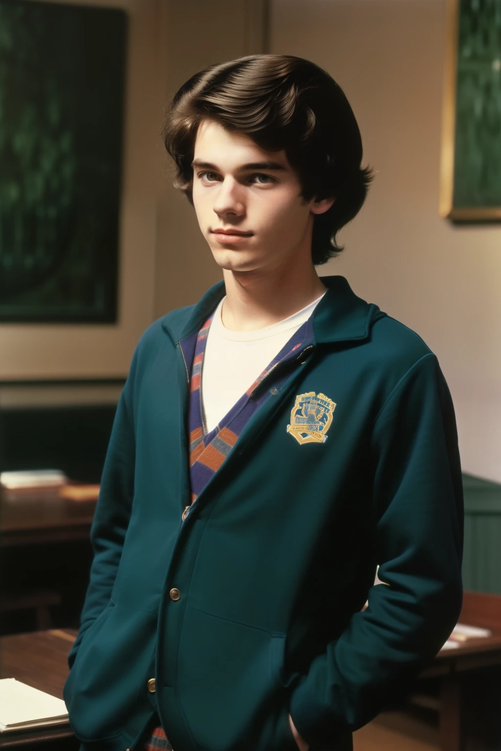 Hampden College, 1982, dark academia. A young ((((19-year-old)) Henry Winter)), smug, in the college comon room, ((((clothings from the 1980s)))), ((dark hairstyle of the 1980s)), ((colorful, Monet))