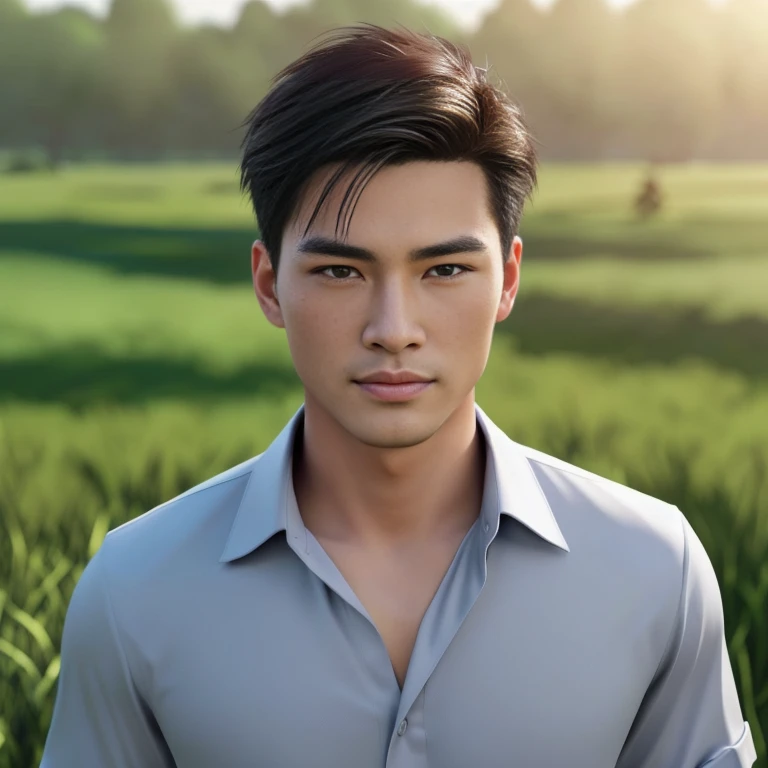 A man wearing a gray shirt stands in a field., Very handsome, very realistic, Handsome young man's face, Asian man, Realistic art style, handsome man, 3D demoreal avatar, semi-realistic rendering, Soft portrait 8 k, Highly detailed realistic faces, 8K vertical rendering, Realistic perfect face, Southeast Asians with round faces, Handsome Chad Chin