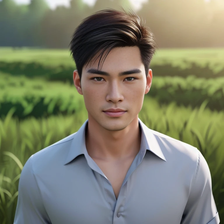 A man wearing a gray shirt stands in a field., Very handsome, very realistic, Handsome young man's face, Asian man, Realistic art style, handsome man, 3D demoreal avatar, semi-realistic rendering, Soft portrait 8 k, Highly detailed realistic faces, 8K vertical rendering, Realistic perfect face, Southeast Asians with round faces, Handsome Chad Chin