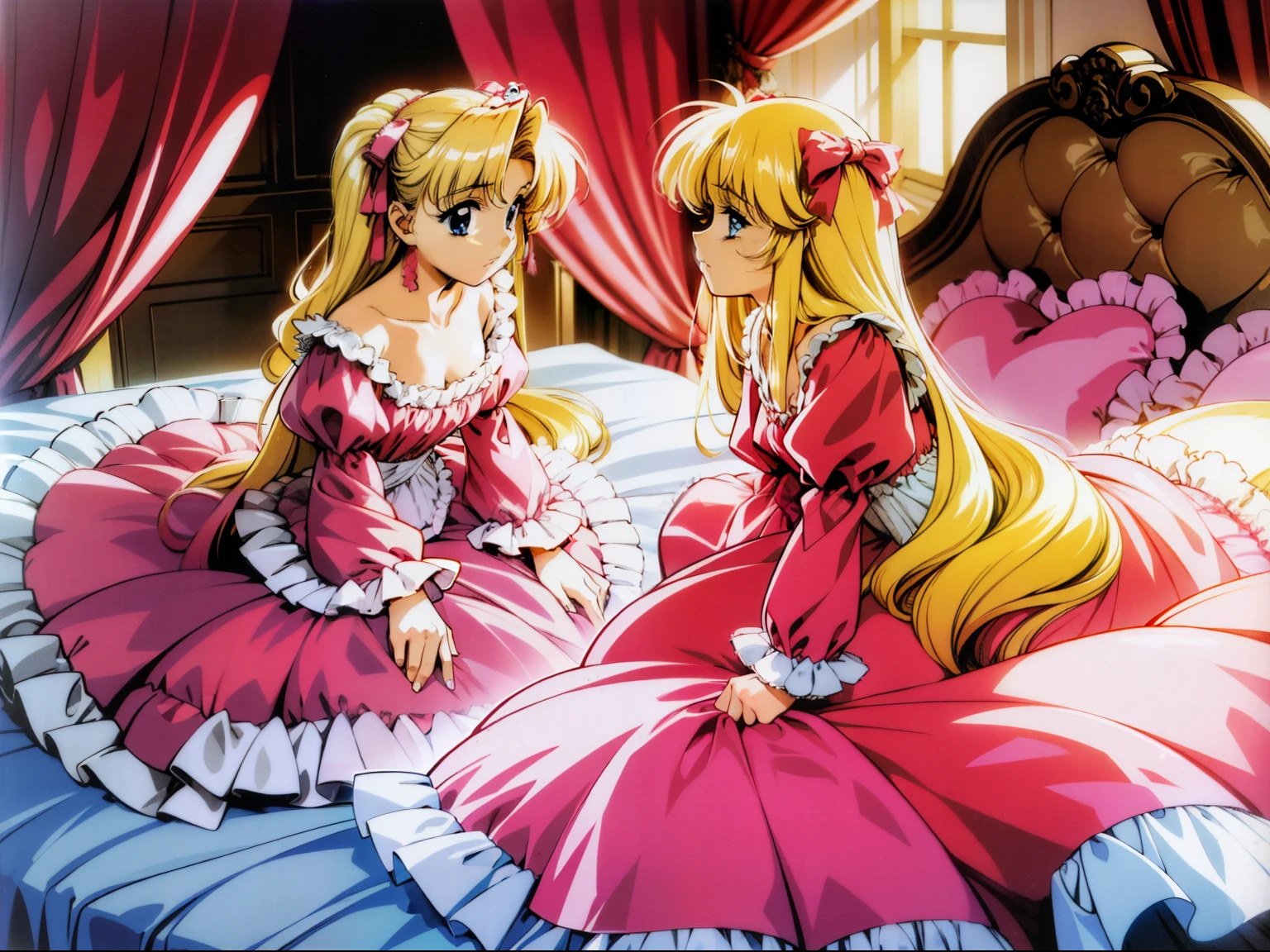 ,highest quality, masterpiece, highest resolution, artwork,1990s style anime illustration,((10 year old s)),Super detailed baby face,both are princesses,detailed luxury tiara,Full length ball gown dress with hoop skirt,ruffle yoke collar,Detailed braided ribbon at chest,puff sleeves,long sleeve,((lolita stylt pink princess satin dress、Comes with lots of frills and ribbons。)),shiny silk satin dress,soft and smooth silk satin fabric,luxury,Very long blonde hair,blue eyes,white skin european,pajamas,((inside the palace)),Princess dancing happily,gorgeous flowing dress,fine white frills and lace,Super long hair that is as tall as your body,white long socks,drawers with lots of frills,castle bedroom at night,Super long flowing hair,on the bed,Luxurious canopy on the bed,Huge, spacious bed,Pink pillow with lots of frills,Silk satin pink curtains with luxurious ruffles and ribbons surround the bed,princess sitting on bed,Pillows piled up behind the princess,A princess leaning on a pile of pillows,Long hair scattered like a fan on the bed,(((Both legs are completely hidden inside the dress))),