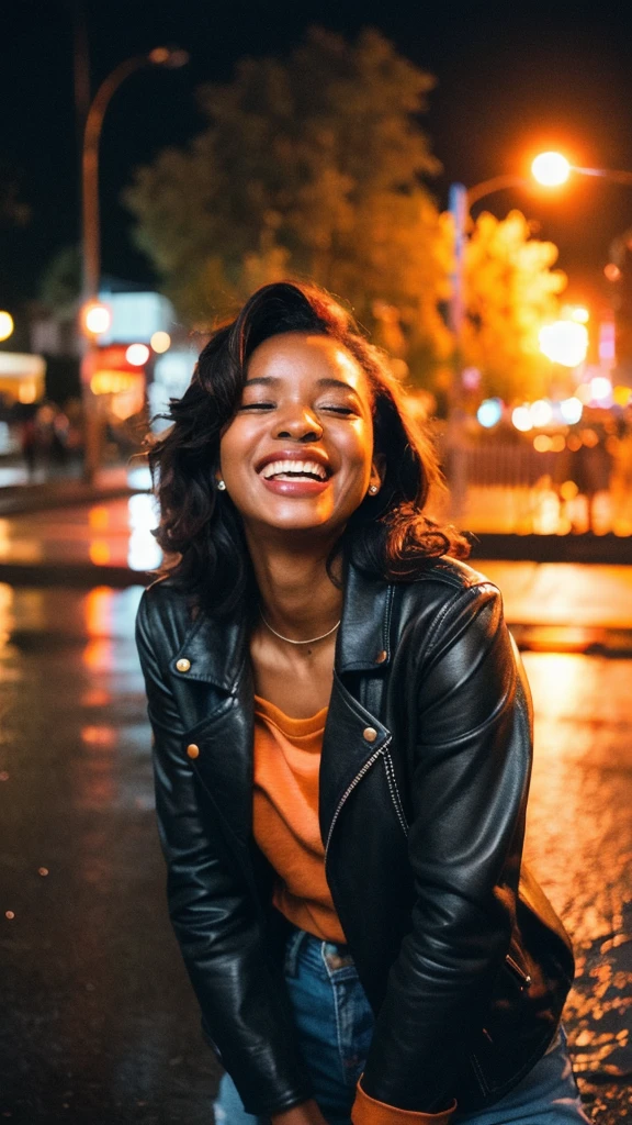 (best quality,realistic,highres,masterpiece:1.2),ultra-detailed,photorealistic:1.37,portrait,black South African women with orange hair wearing a leather jacket, laughing in the rain,night,summer,lustful,film grain,Ilford HP5,35mm