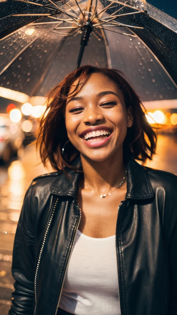 (best quality,realistic,highres,masterpiece:1.2),ultra-detailed,photorealistic:1.37,portrait,black South African women with orange hair wearing a leather jacket, laughing in the rain,night,summer,lustful,film grain,Ilford HP5,35mm