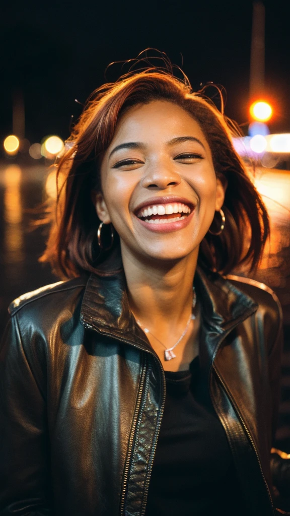 (best quality,realistic,highres,masterpiece:1.2),ultra-detailed,photorealistic:1.37,portrait,black South African women with orange hair wearing a leather jacket, laughing in the rain,night,summer,lustful,film grain,Ilford HP5,35mm