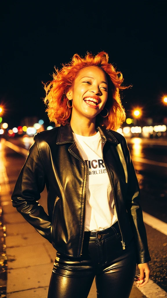 (best quality,realistic,highres,masterpiece:1.2),ultra-detailed,photorealistic:1.37,portrait,black South African women with orange hair wearing a leather jacket, laughing in the rain,night,summer,lustful,film grain,Ilford HP5,35mm