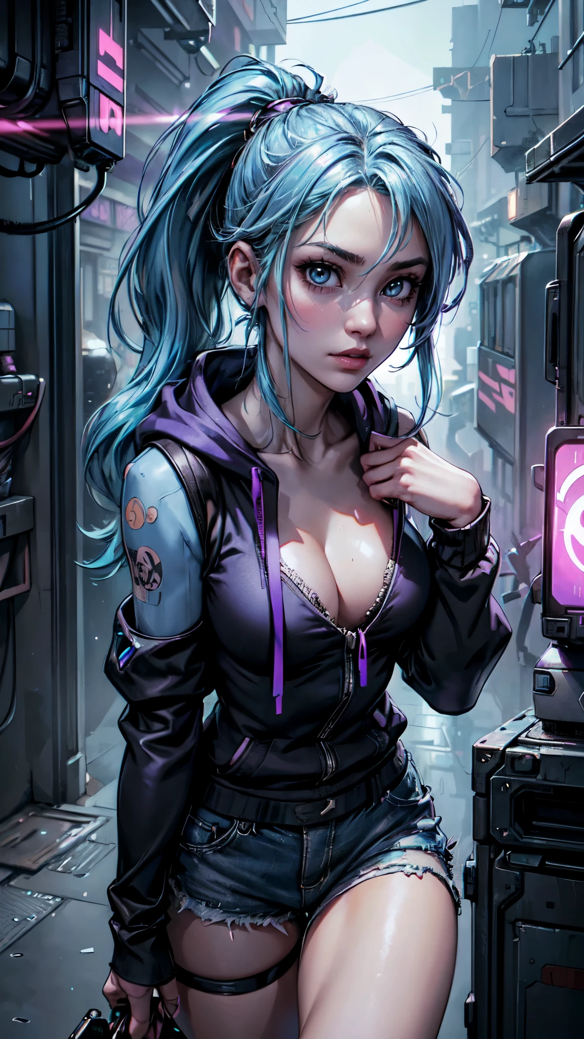 最high quality、best image quality、masterpiece、girl((20-year-old、 By becoming、vest bust、medium bust,wide open breast tea、shining eyes, light blue hair、long hair、thin,highest valley、ponytail、action of looking up、right arm bandage、purple and black hoodie、berry shorts、cool pose、Have a black smartphone)),high quality、beautiful art、background((cyberpunk city))、Flight、debris flies、Depth of written boundary、movie、visual art、perfect art、8k,genuine、detailed eyess, detailed hands. detailed face