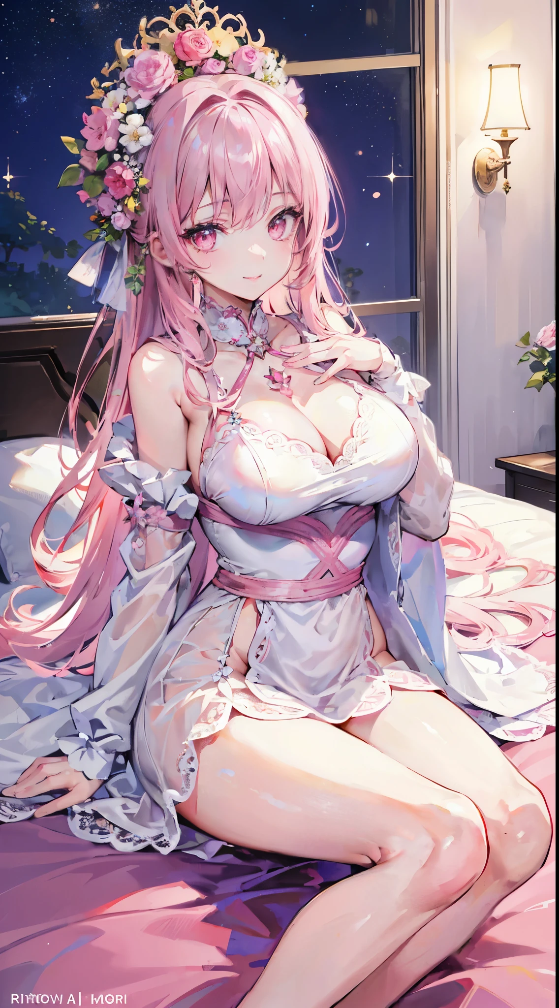 masterpiece, highest quality, Ultra-detailed, Beautiful lighting, With a girl,,(Pink eyes: 1.3), Sitting, No parks allowed, Beautiful views, Mild hot flashes, smile, (cute smile: 1,1), (Bright lips: 1,1), (Beautiful Eyes: 1,1), Long Hair, Pink Hair、Beautiful dress、Large breasts、Adult women、Place your hand on your chest、Night Sky、star々、flower、indoor、bed、White sheets