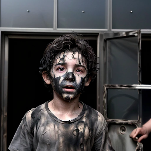 A close-up of a boy covered in soot emerges from the entrance of a building after being caught in an explosion during the filming of a comedy movie.