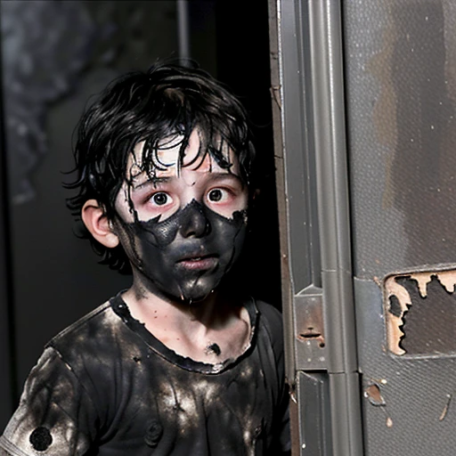 A close-up of a boy covered in soot emerges from the entrance of a building after being caught in an explosion during the filming of a comedy movie.