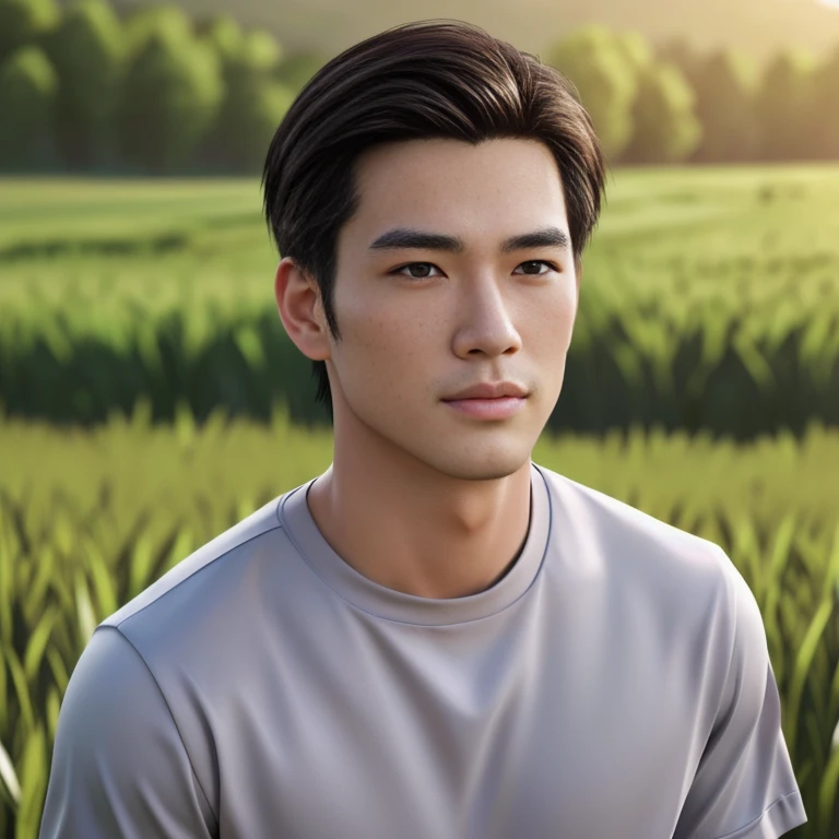 A man wearing a gray shirt stands in a field., Very handsome, very realistic, Handsome young man's face, Asian man, Realistic art style, handsome man, 3D demoreal avatar, semi-realistic rendering, Soft portrait 8 k, Highly detailed realistic faces, 8K vertical rendering, Realistic perfect face, Southeast Asians with round faces, Handsome Chad Chin