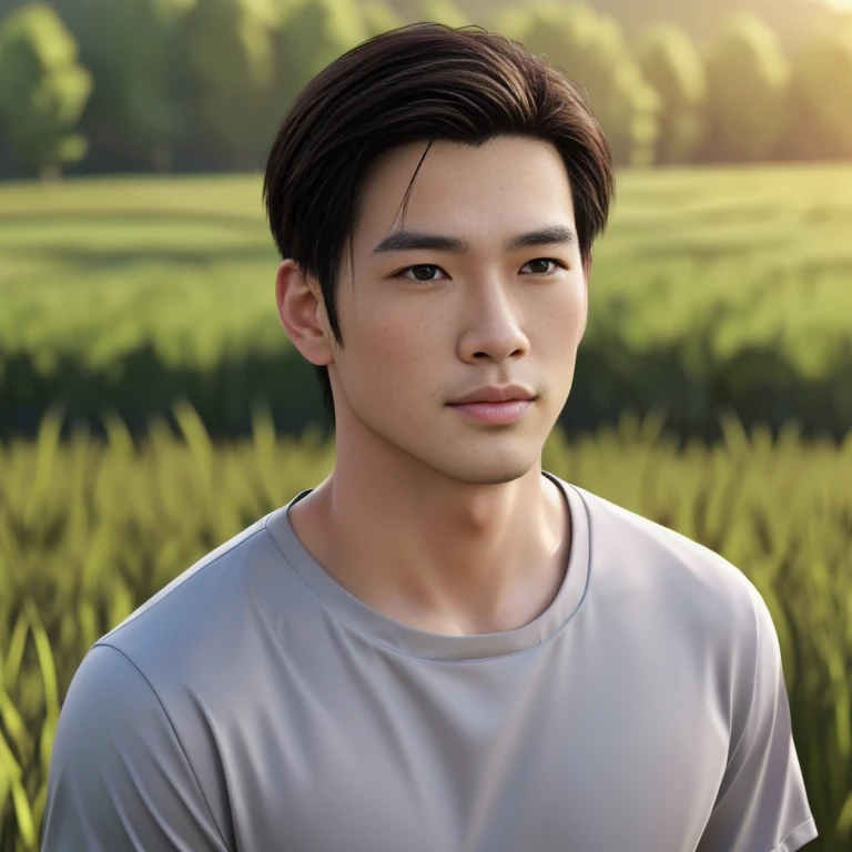 A man wearing a gray shirt stands in a field., Very handsome, very realistic, Handsome young man's face, Asian man, Realistic art style, handsome man, 3D demoreal avatar, semi-realistic rendering, Soft portrait 8 k, Highly detailed realistic faces, 8K vertical rendering, Realistic perfect face, Southeast Asians with round faces, Handsome Chad Chin