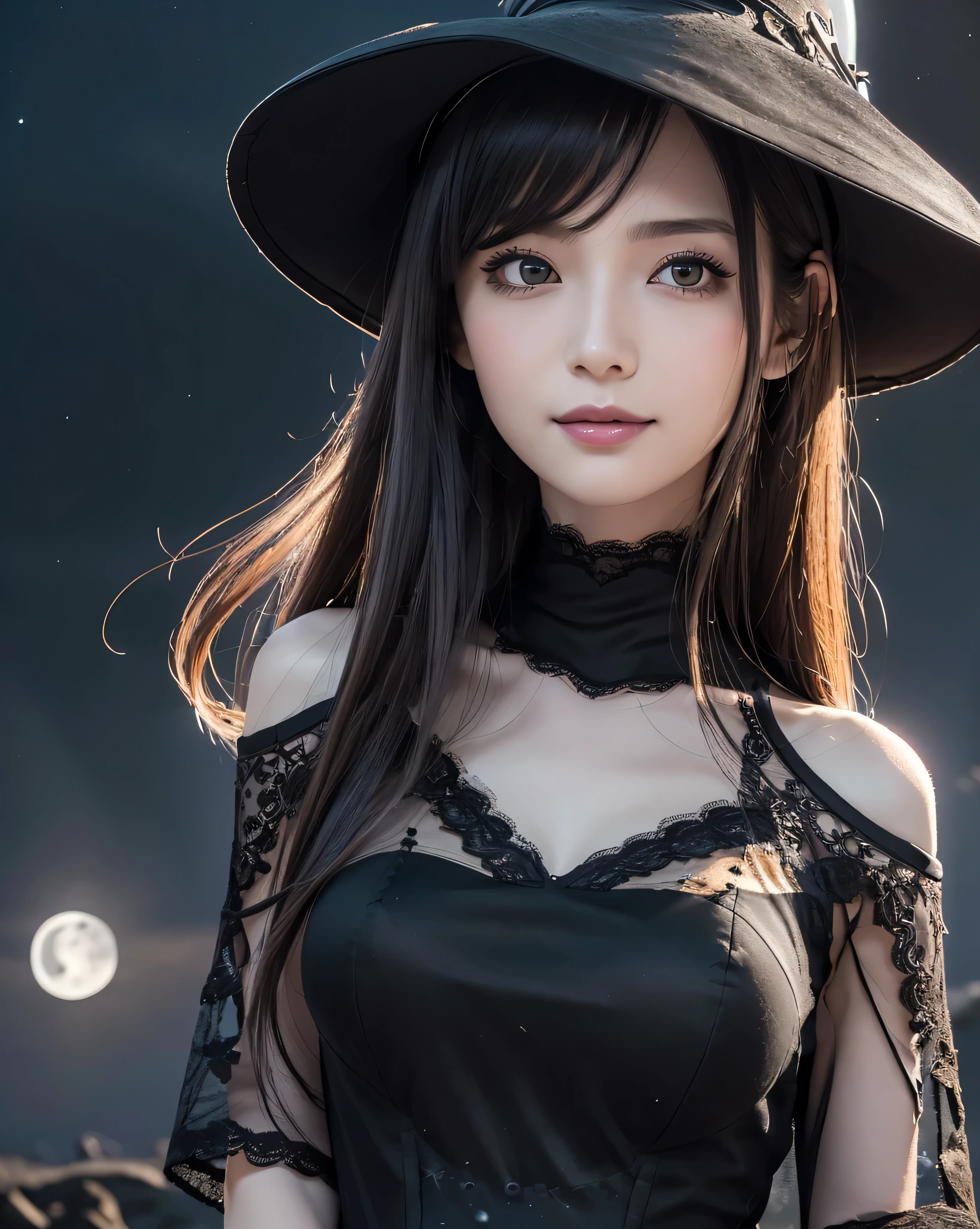(highest quality, 32k, High resolution, Masterpiece:1.5, ), marimo_jet, Concept Art, Expressing emotions, Have a rich imagination, Beautiful Japanese Girls, An exceptionally beautiful face, Small Face Beauty, Perfect Human Anatomy, Magical big eyes, Motherhood and generosity, Deep Love, A fleeting smile, Shiny black hair, Straight long hair, Asymmetrical bangs, Hair between the eyes, Transparent, soft white skin, Sharp eyebrows, Thin lashes, Natural Makeup, Cheek highlighter, Pale pink detailed lips, ((fantasy witch:1.1)), ((Pitch black night sky:1.4)), ((Detailed full moon in a black night sky:1.3)), Detailed and perfect collarbone, ((Black lace classic dress:1.2)), (Black tricorn hat:1.3), moonlight, Professional photographer, Professional models, mysterious