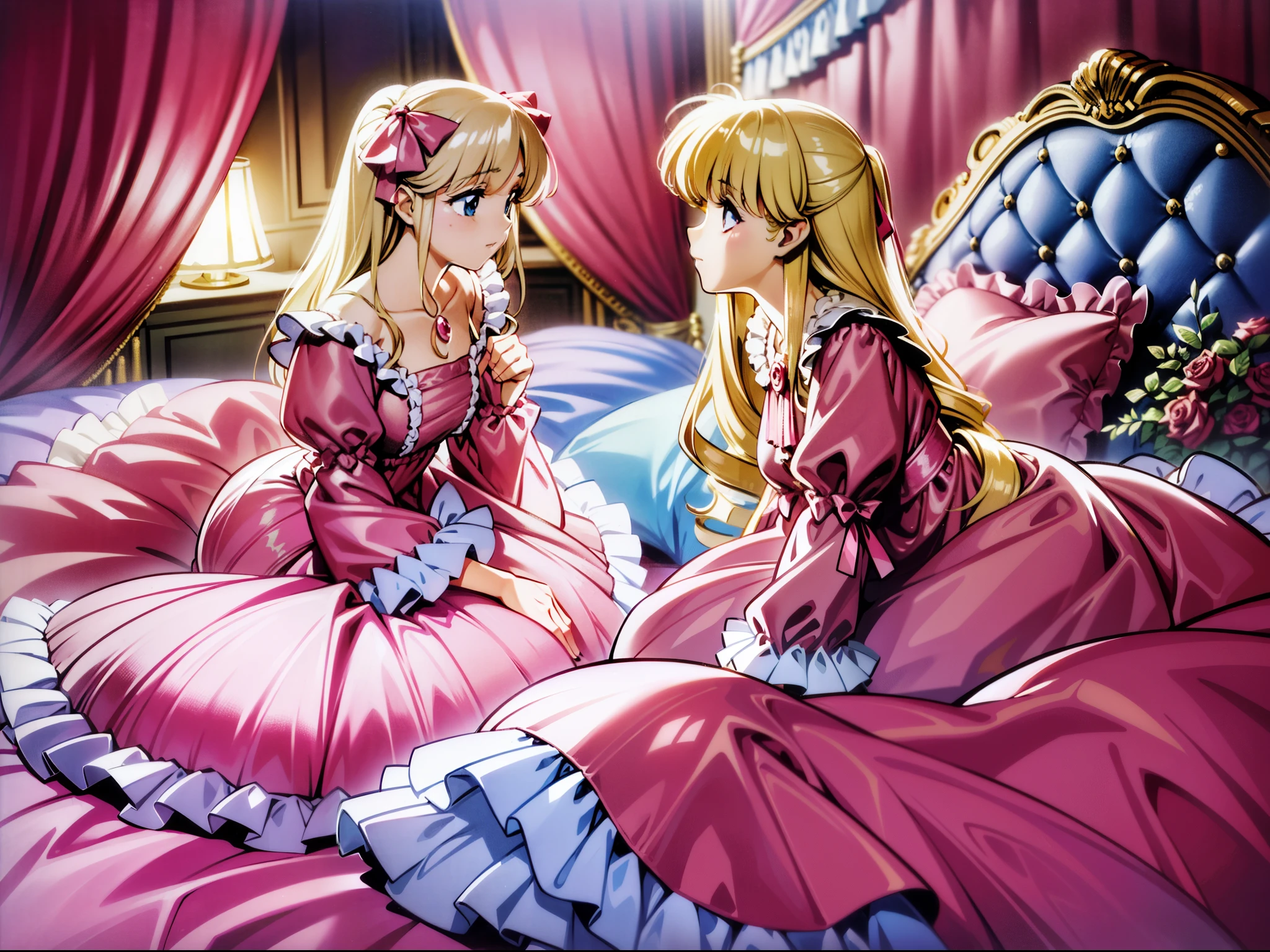 ,highest quality, masterpiece, highest resolution, artwork,1990s style anime illustration,((10 year old s)),Super detailed baby face,both are princesses,detailed luxury tiara,Full length ball gown dress with hoop skirt,ruffle yoke collar,Detailed braided ribbon at chest,puff sleeves,long sleeve,((lolita stylt pink princess satin dress、Comes with lots of frills and ribbons。)),shiny silk satin dress,soft and smooth silk satin fabric,luxury,Very long blonde hair,blue eyes,white skin european,pajamas,((inside the palace)),Princess dancing happily,gorgeous flowing dress,fine white frills and lace,Super long hair that is as tall as your body,white long socks,drawers with lots of frills,castle bedroom at night,Super long flowing hair,on the bed,Luxurious canopy on the bed,Huge, spacious bed,Pink pillow with lots of frills,Silk satin pink curtains with luxurious ruffles and ribbons surround the bed,princess sitting on bed,Pillows piled up behind the princess,A princess leaning on a pile of pillows,Long hair scattered like a fan on the bed,(((Both legs are completely hidden inside the dress))),