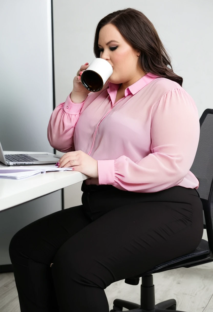 Chubby thic fat bbw kacey kox, wearing black pants and pink blouse sitting in the Office, desktop with papers and laptop, talking with co-workers, drinking coffee, view from the side