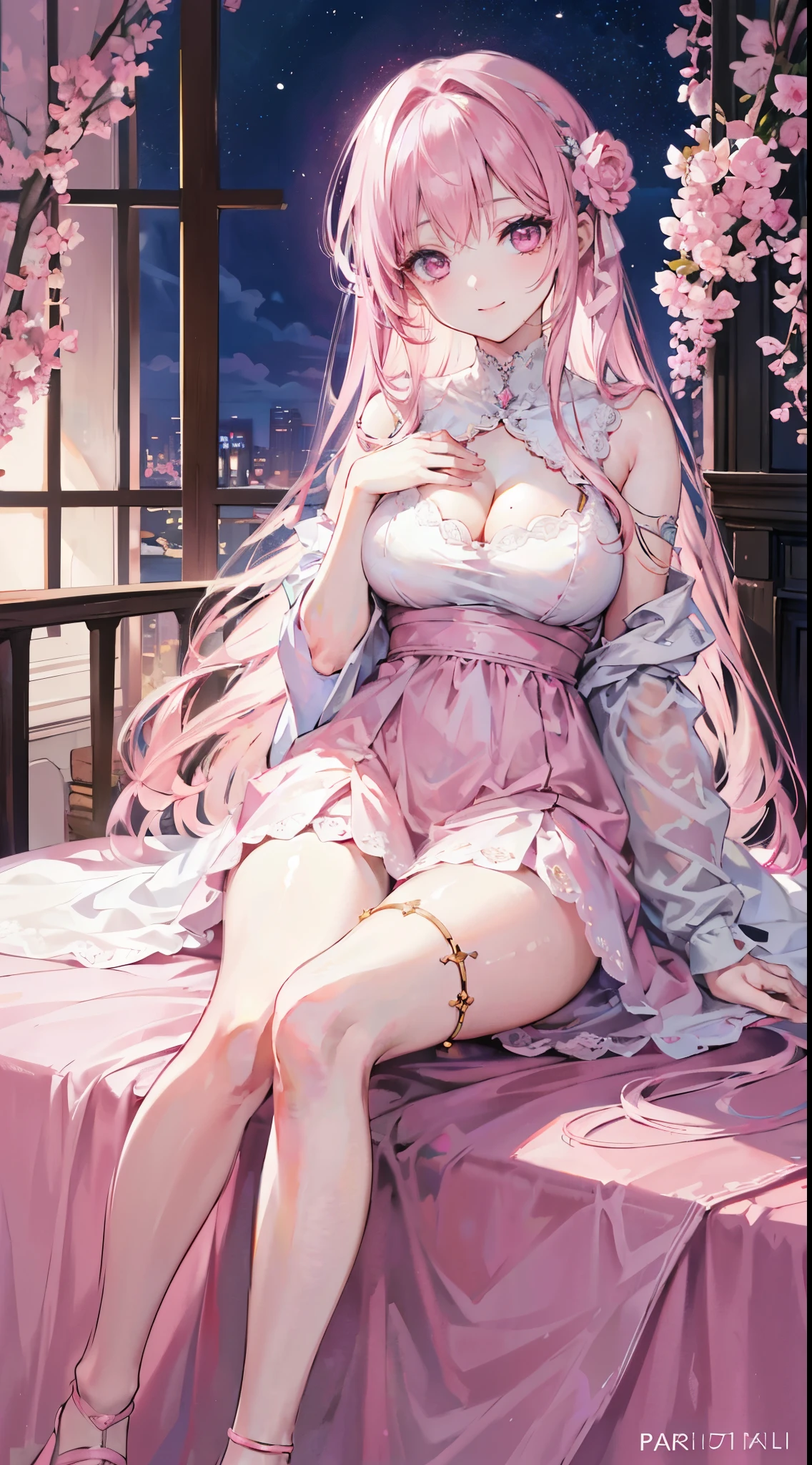 masterpiece, highest quality, Ultra-detailed, Beautiful lighting, With a girl,,(Pink eyes: 1.3), Sitting, No parks allowed, Beautiful views, Mild hot flashes, smile, (cute smile: 1,1), (Bright lips: 1,1), (Beautiful Eyes: 1,1), Long Hair, Pink Hair、Beautiful dress、Large breasts、Adult women、Place your hand on your chest、Night Sky、star々、flower、indoor、bed、White sheets