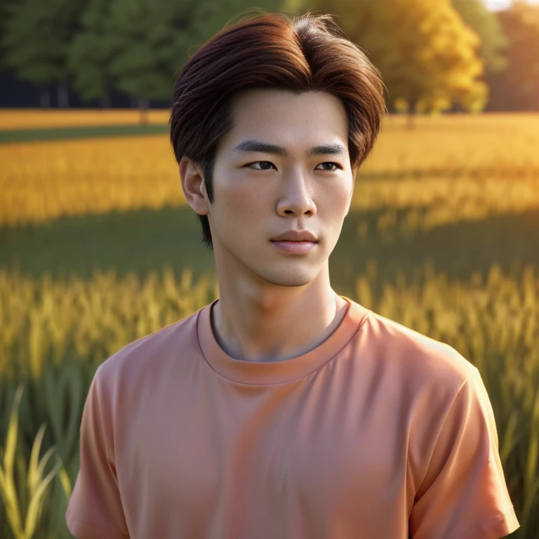 A man wearing an orange shirt is in a field., Very handsome, very realistic, Handsome young man's face, Asian man, Realistic art style, handsome man, 3D demoreal avatar, semi-realistic rendering, Soft portrait 8 k, Highly detailed realistic faces, 8K vertical rendering, Realistic perfect face, Southeast Asians with round faces, Handsome Chad Chin