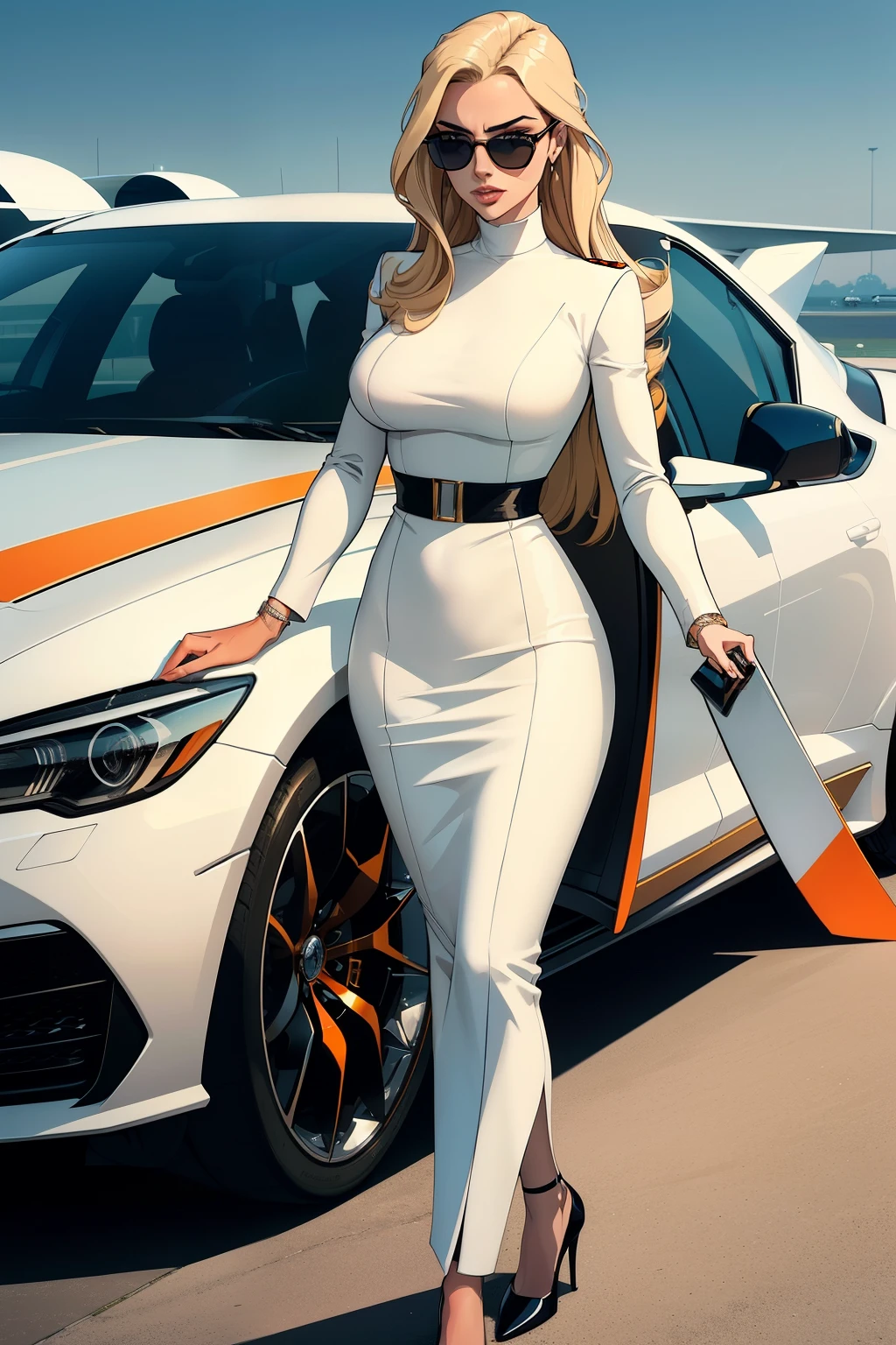 Create a stunning, modern graphic style illustration that captures an elegant and glamorous scene with vibrant, clean lines as the focus. The spotlight shines on a chic and alluring couple gracefully exiting a private jet, making their grand entrance down an orange carpet. The man dons a sleek beige jacket paired with a black turtleneck, while the woman exudes sophistication in a pristine white suit and oversized sunglasses. The luxurious backdrop includes the silhouette of the airplane, a prestigious car waiting by the runway, and service personnel in uniforms bearing the Jetex logo. The overall ambiance exudes a sense of opulence and