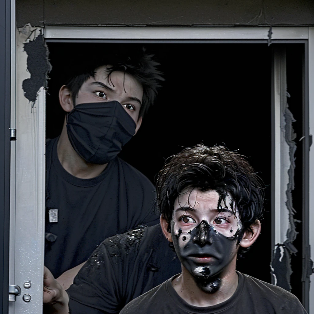 A close-up of a boy covered in soot emerges from the entrance of a building after being caught in an explosion during the filming of a comedy movie.