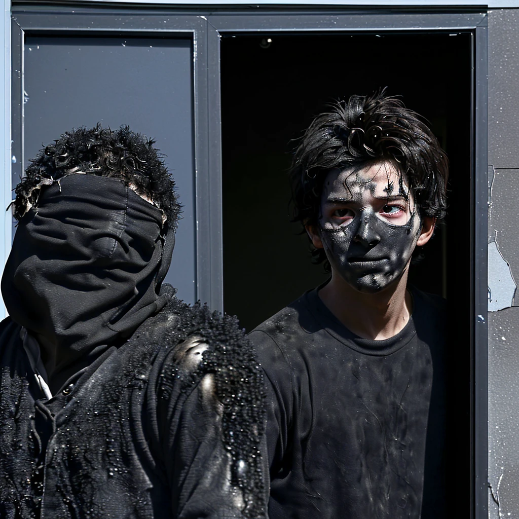 A close-up of a boy covered in soot emerges from the entrance of a building after being caught in an explosion during the filming of a comedy movie.