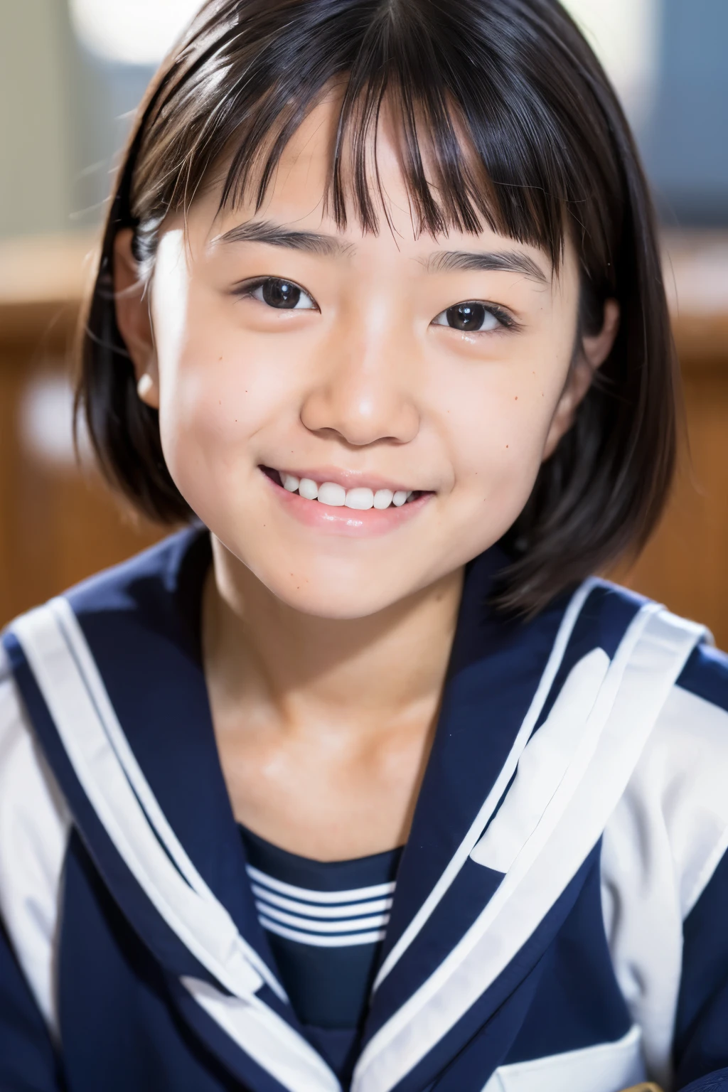 lens: 135mm f1.8, (highest quality),(RAW Photos), (Tabletop:1.1), (Beautiful 11 year old Japanese girl), Cute Face, (Deeply chiseled face:0.7), (freckles:0.4),  (Japanese School Uniform), (In the classroom), shy, (Close-up shot:1.2), (smile), (sunlight), Sailor suit, dark blue, Long sleeve, White ribbon