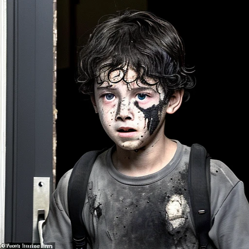 A close-up of a boy covered in soot emerges from the entrance of a building after being caught in an explosion during the filming of a comedy movie.