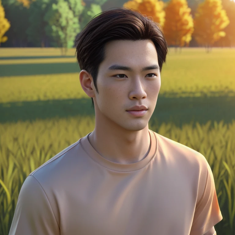 A man wearing an orange shirt is in a field., Very handsome, very realistic, Handsome young man's face, Asian man, Realistic art style, handsome man, 3D demoreal avatar, semi-realistic rendering, Soft portrait 8 k, Highly detailed realistic faces, 8K vertical rendering, Realistic perfect face, Southeast Asians with round faces, Handsome Chad Chin