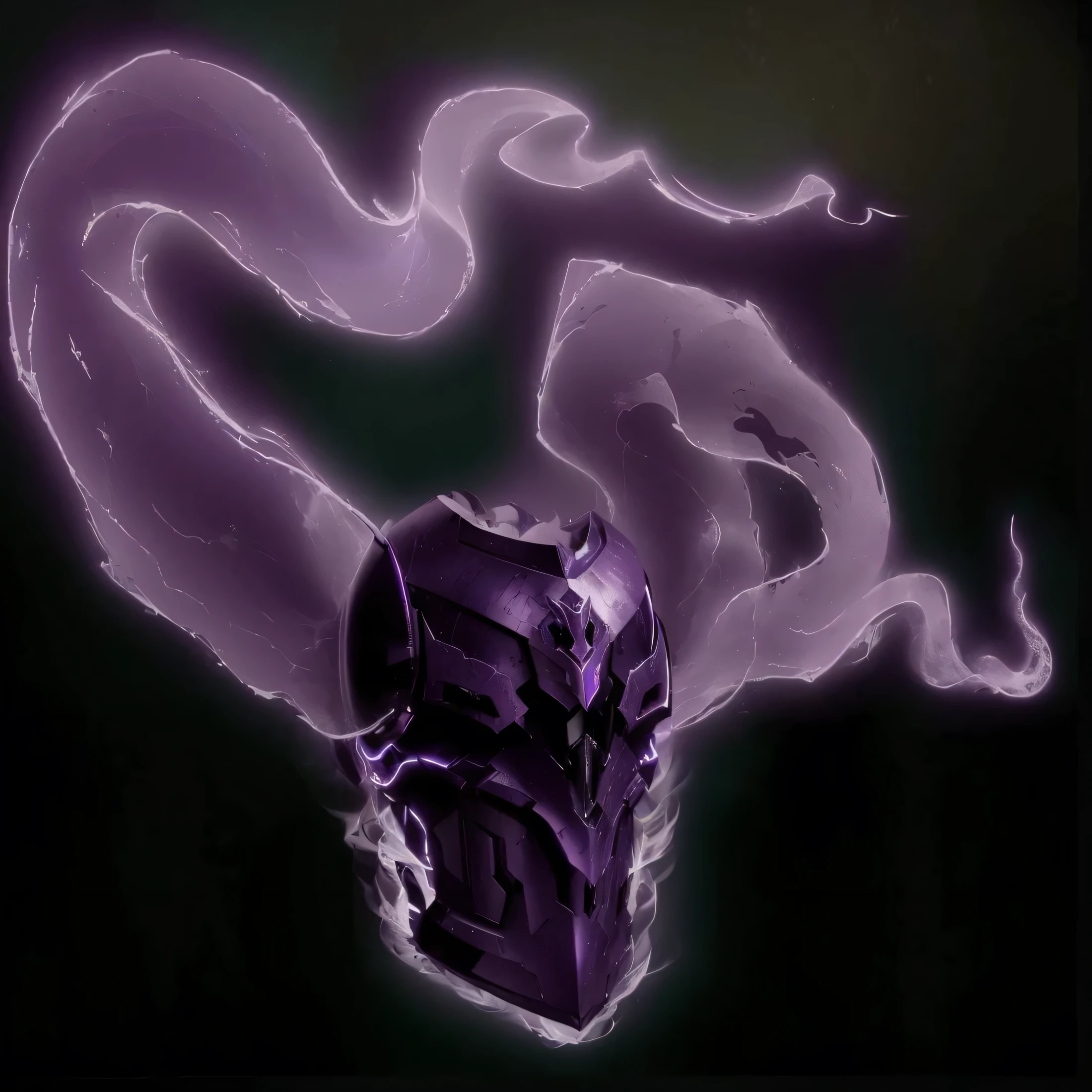 fotografia roxa e preta de uma armadura roxa, purple glowing core in armor, artefato dota2, arte conceitual. smoke, with dark ghost smokes around, smoke tendrils, Medonho, airbrush arte conceitual, skull liminal empty background, ghostly smoke, noturno de League of Legends, divindade antiga roxa do chifre
