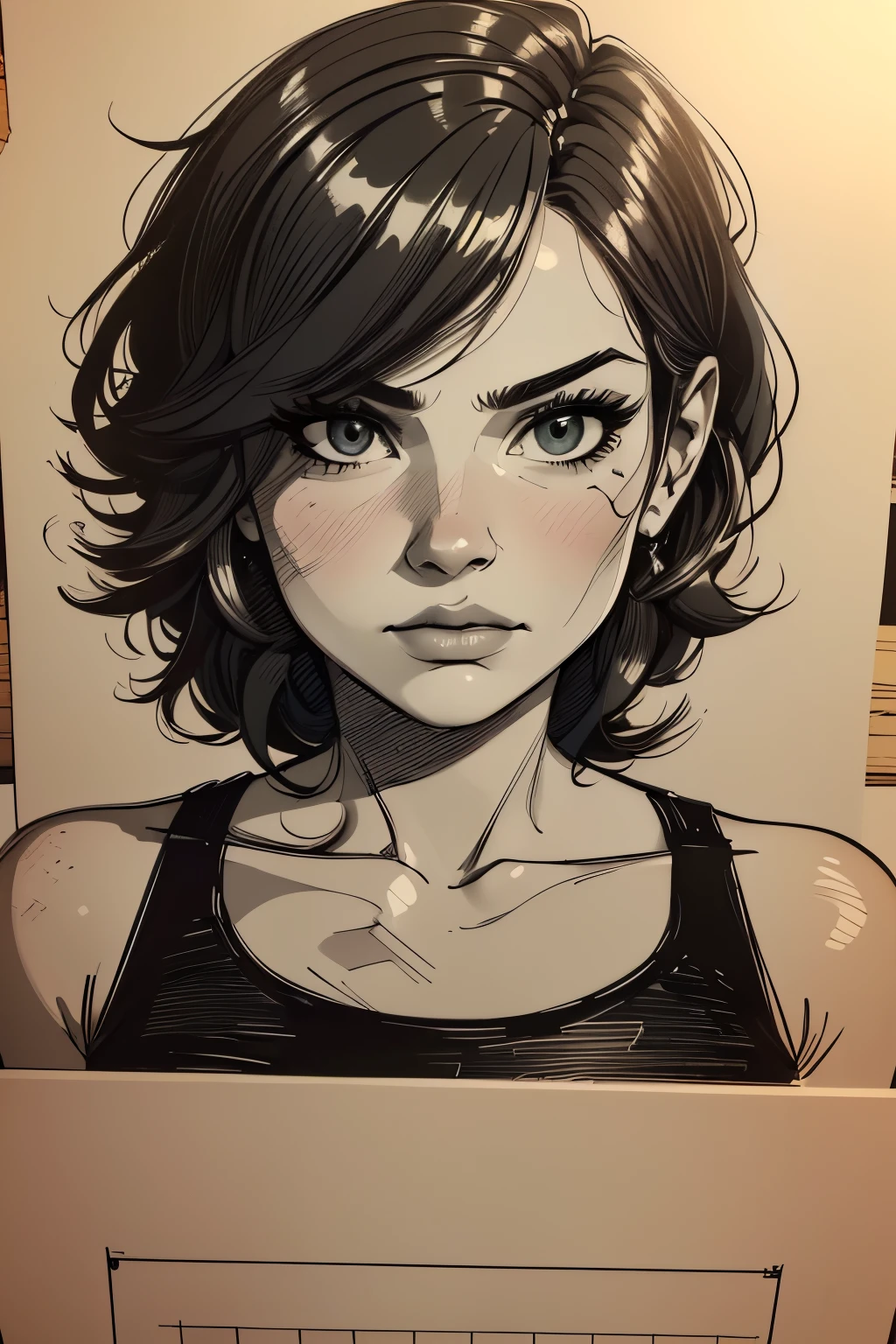 A girl in a mugshot, sketch, black and white, cute, detailed features, vintage style, high contrast lighting, expressive eyes, tousled hair. (best quality, highres, realistic:1.37), vintage, monochrome, intense gaze, dramatic lighting, rugged background, distressed paper texture, retro vibes, id photo, front view