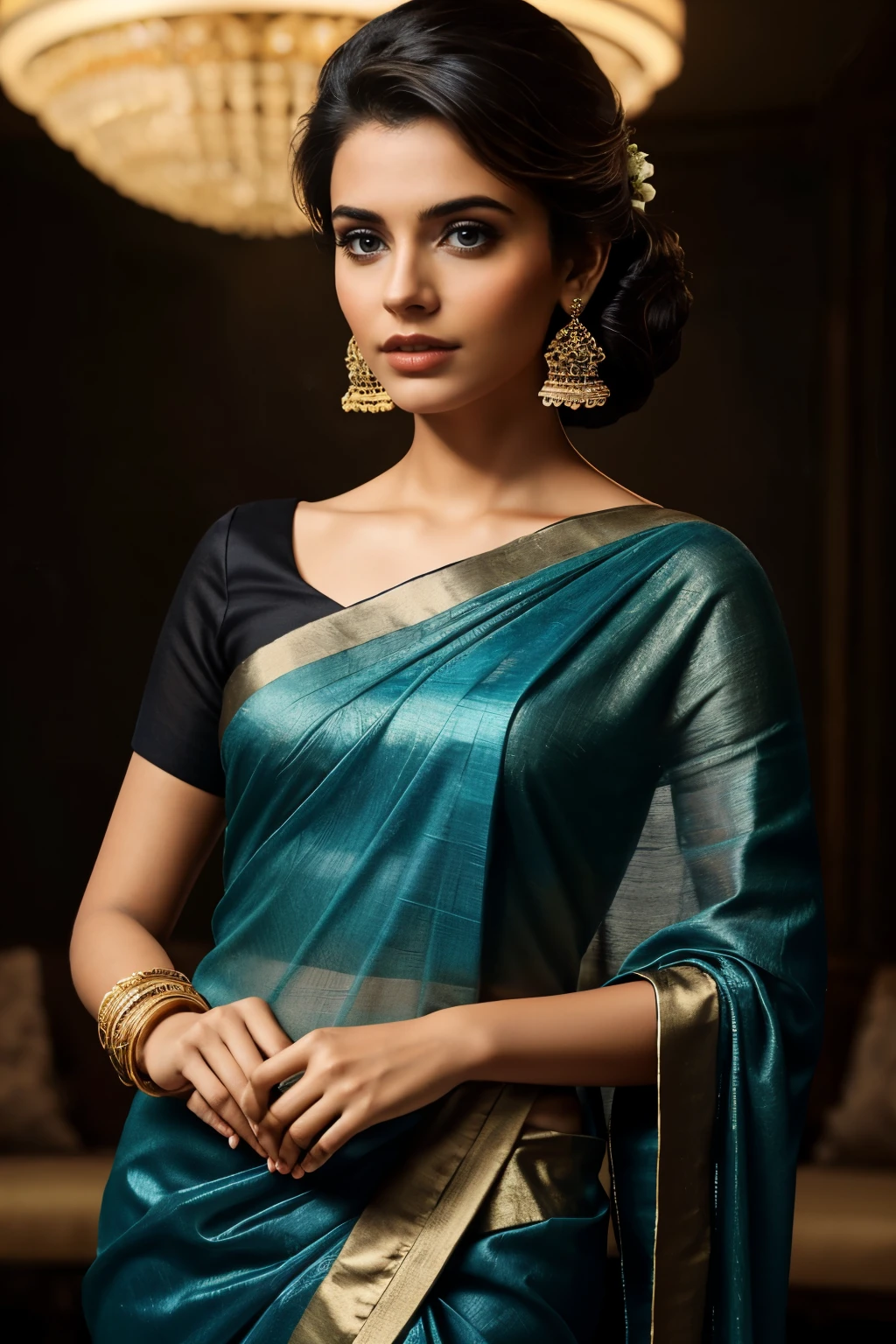 In this photograph, an Indian Instagram female model in her mid-20s takes center stage. (highly detailed face:1.4) (smile:0.7) (background 5-star hotel, moody, private study:1.0V, by Lee Jeffries, Nikon D850, film stock photograph, 4 Kodak Portra 400, camera f1.6 lens, rich colors, hyper-realistic, lifelike texture, dramatic lighting, Cinestill 800, realistic). She is wearing a traditional saree that exudes elegance and sophistication. The saree features a vibrant and intricate design with rich colors and detailed patterns, draped gracefully around her. The blouse is short-sleeved with intricate embroidery and beadwork, complementing the saree’s luxurious fabric. Completing her look, she adorns herself with traditional jewelry, including bangles, earrings, and a necklace. The model's hair is styled in a classic bun with jasmine flowers. The photograph is meticulously captured in 8K resolution using cutting-edge techniques such as Cinema 4D and Octane Render, resulting in a highly detailed and photorealistic image. Studio lighting, HDR, and a smoky mist create a captivating ambiance, while the bokeh effect adds an artistic touch.