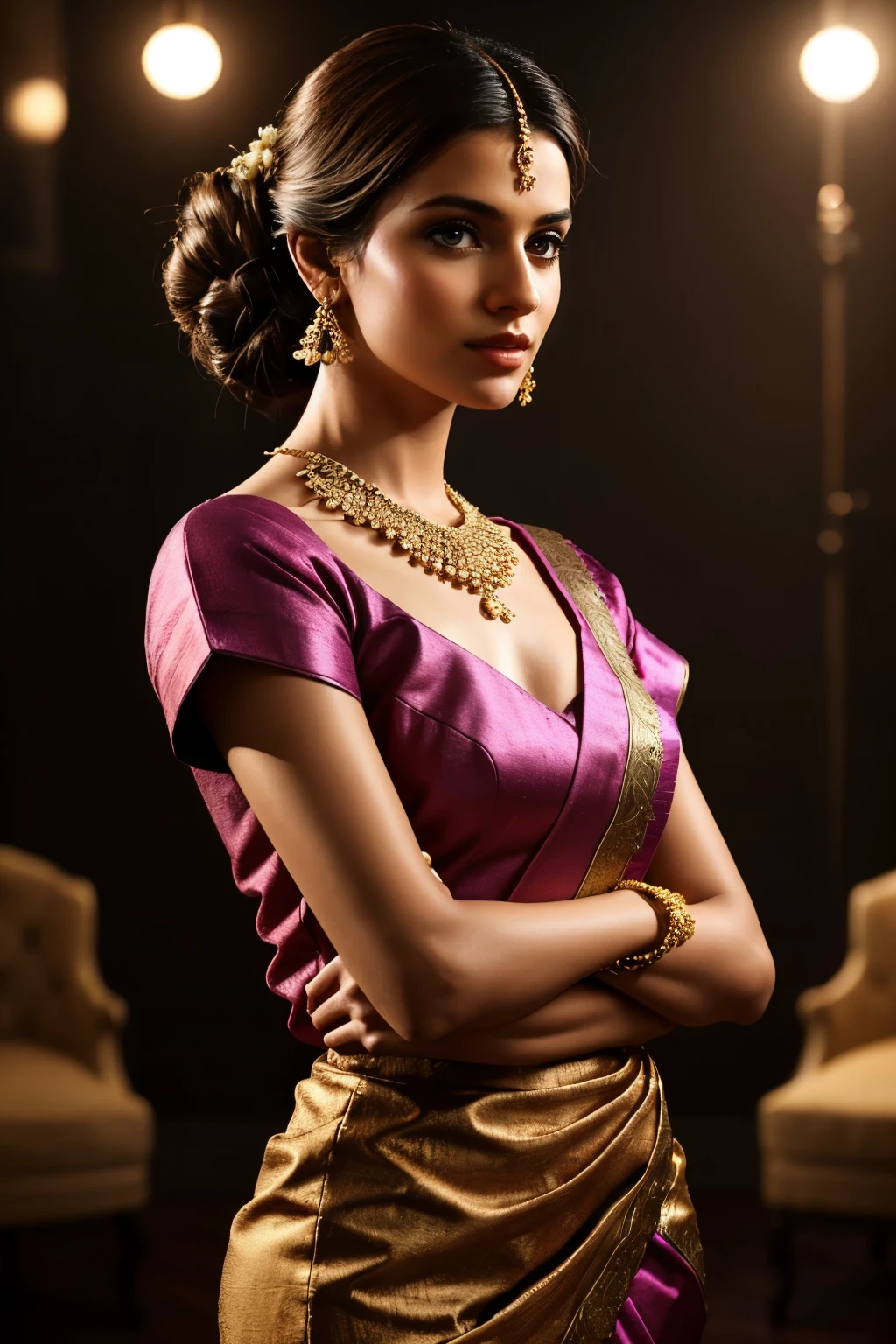 In this photograph, an Indian Instagram female model in her mid-20s takes center stage. (highly detailed face:1.4) (smile:0.7) (background 5-star hotel, moody, private study:1.0V, by Lee Jeffries, Nikon D850, film stock photograph, 4 Kodak Portra 400, camera f1.6 lens, rich colors, hyper-realistic, lifelike texture, dramatic lighting, Cinestill 800, realistic). She is wearing a traditional saree that exudes elegance and sophistication. The saree features a vibrant and intricate design with rich colors and detailed patterns, draped gracefully around her. The blouse is short-sleeved with intricate embroidery and beadwork, complementing the saree’s luxurious fabric. Completing her look, she adorns herself with traditional jewelry, including bangles, earrings, and a necklace. The model's hair is styled in a classic bun with jasmine flowers. The photograph is meticulously captured in 8K resolution using cutting-edge techniques such as Cinema 4D and Octane Render, resulting in a highly detailed and photorealistic image. Studio lighting, HDR, and a smoky mist create a captivating ambiance, while the bokeh effect adds an artistic touch.