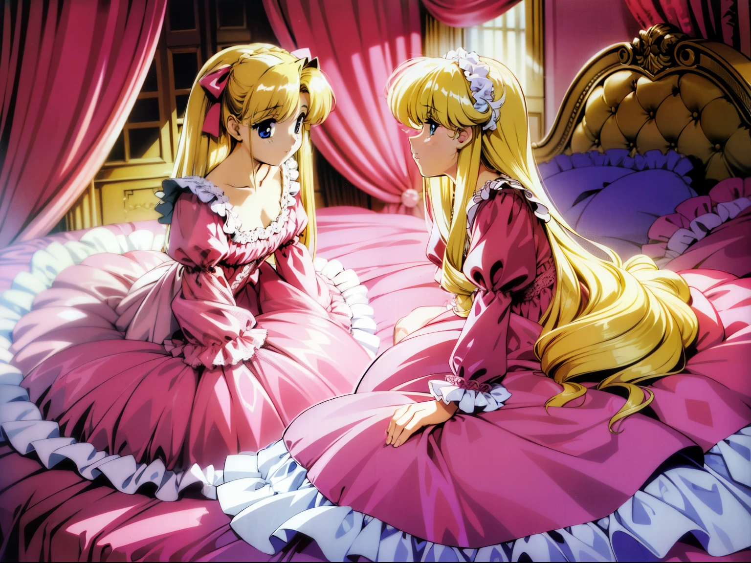 ,highest quality, masterpiece, highest resolution, artwork,1990s style anime illustration,((10 year old little girls)),Super detailed baby face,both are princesses,detailed luxury tiara,Full length ball gown dress with hoop skirt,ruffle yoke collar,Detailed braided ribbon at chest,puff sleeves,long sleeve,((lolita style hot pink princess satin dress、Comes with lots of frills and ribbons。)),shiny silk satin dress,soft and smooth silk satin fabric,luxury,Very long blonde hair,blue eyes,white skin european,pajamas,((inside the palace)),Princess dancing happily,gorgeous flowing dress,fine white frills and lace,Super long hair that is as tall as your body,white long socks,drawers with lots of frills,castle bedroom at night,Super long flowing hair,on the bed,Luxurious canopy on the bed,Huge, spacious bed,Pink pillow with lots of frills,Silk satin pink curtains with luxurious ruffles and ribbons surround the bed,princess sitting on bed,Pillows piled up behind the princess,A princess leaning on a pile of pillows,Long hair scattered like a fan on the bed,(((Both legs are completely hidden inside the dress))),