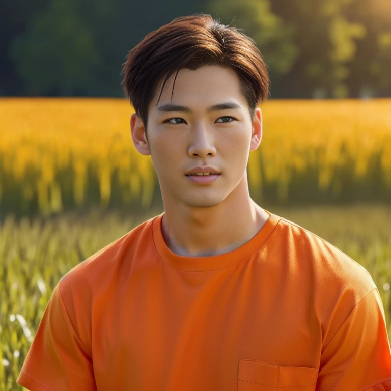 A man wearing an orange shirt is in a field., Very handsome, very realistic, Handsome young man's face, Asian man, Realistic art style, handsome man, 3D demoreal avatar, semi-realistic rendering, Soft portrait 8 k, Highly detailed realistic faces, 8K vertical rendering, Realistic perfect face, Southeast Asians with round faces, Handsome Chad Chin
