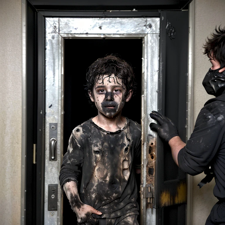 A close-up of a boy covered in soot emerges from the entrance of a building after being caught in an explosion during the filming of a comedy movie.