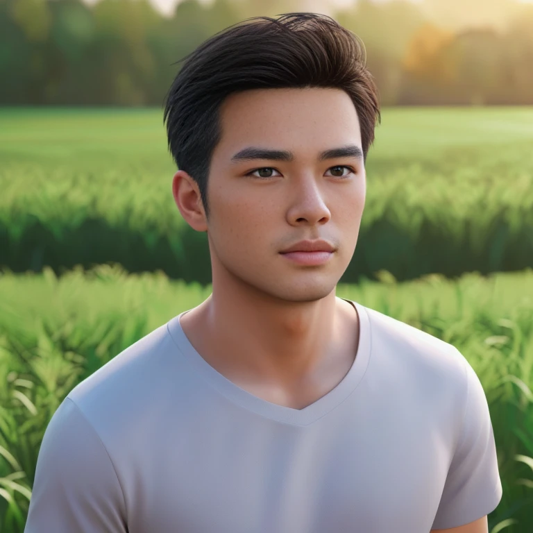 A man wearing an orange shirt is in a field., Very handsome, very realistic, Handsome young man's face, Asian man, Realistic art style, handsome man, 3D demoreal avatar, semi-realistic rendering, Soft portrait 8 k, Highly detailed realistic faces, 8K vertical rendering, Realistic perfect face, Southeast Asians with round faces, Handsome Chad Chin